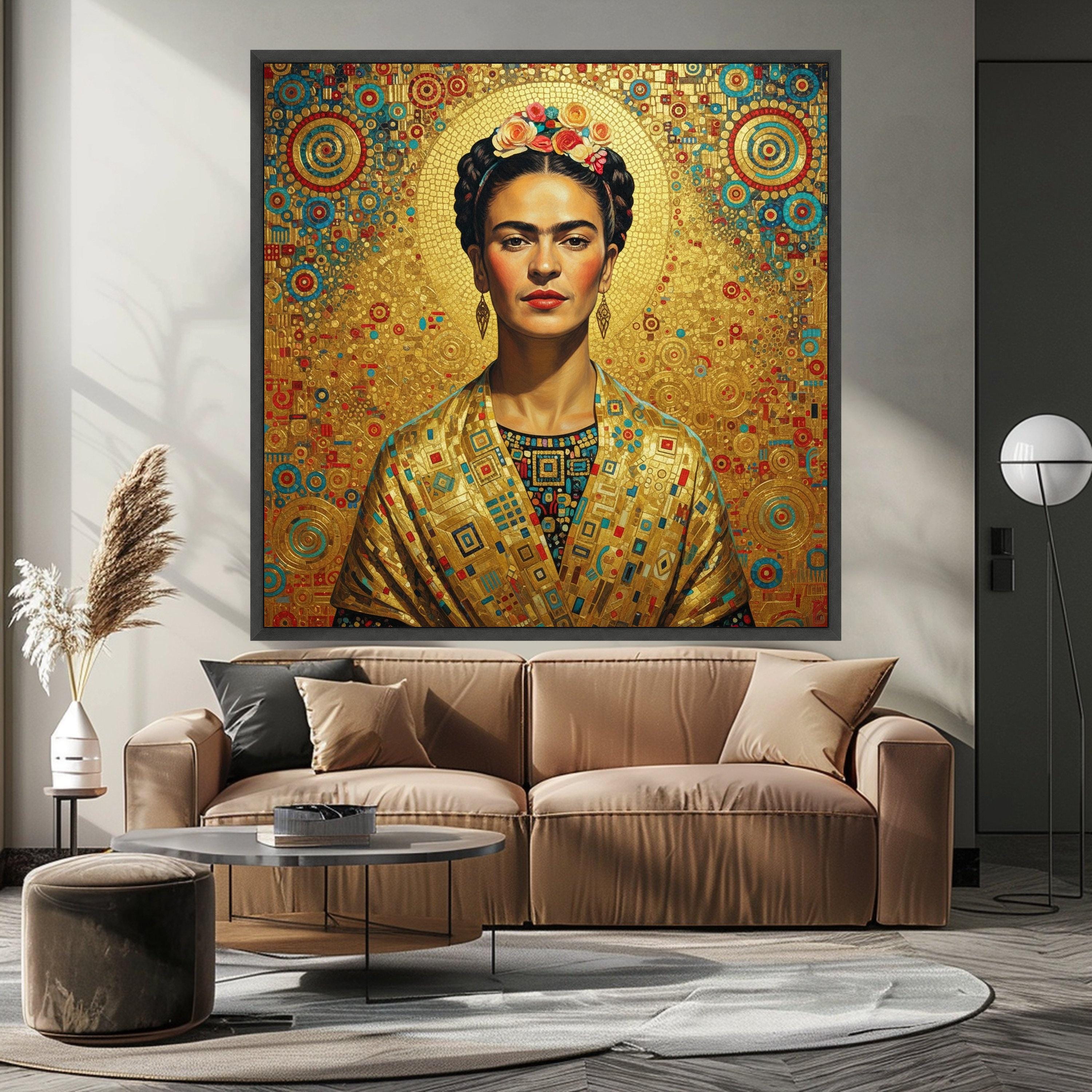Frida Kahlo Portrait Canvas Wall Art, Golden Geometric Background, Modern Iconic Mexican Art, Vibrant Cultural Canvas Ready To Hang,