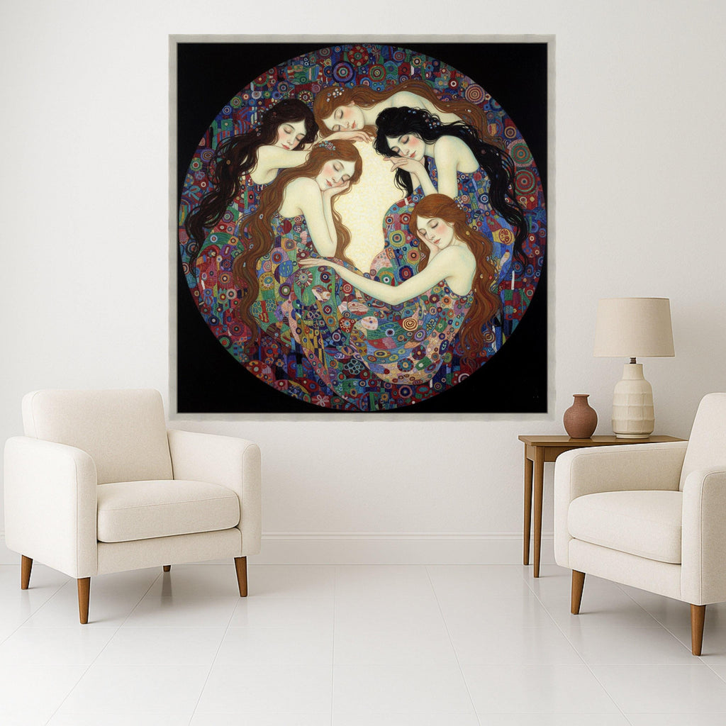 Dreaming Women Circle Canvas Wall Art, Colorful Abstract Pattern, Bohemian Home Decor, Feminine Bedroom Canvas, Artistic Wall Ready To Hang,