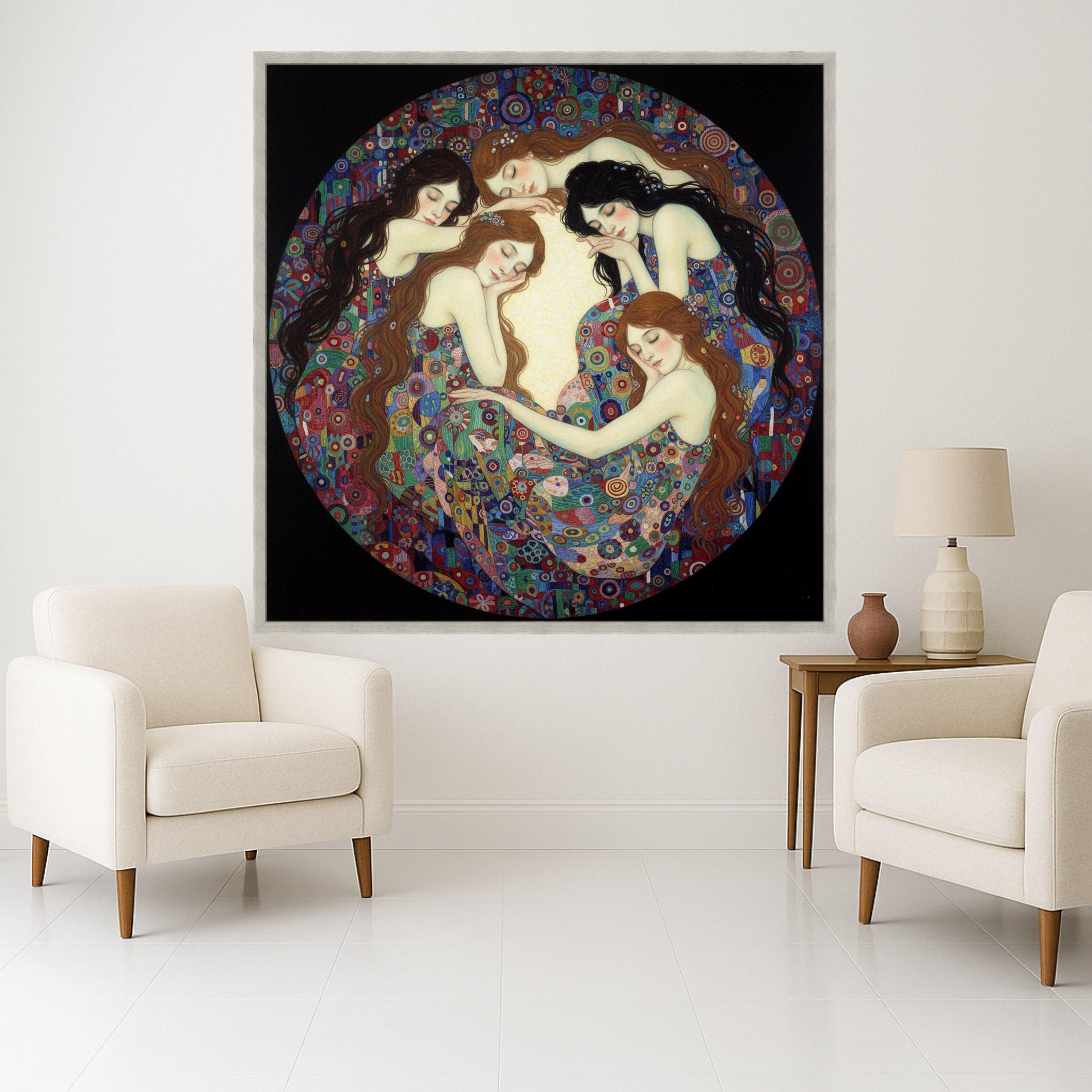 Dreaming Women Circle Canvas Wall Art, Colorful Abstract Pattern, Bohemian Home Decor, Feminine Bedroom Canvas, Artistic Wall Ready To Hang,
