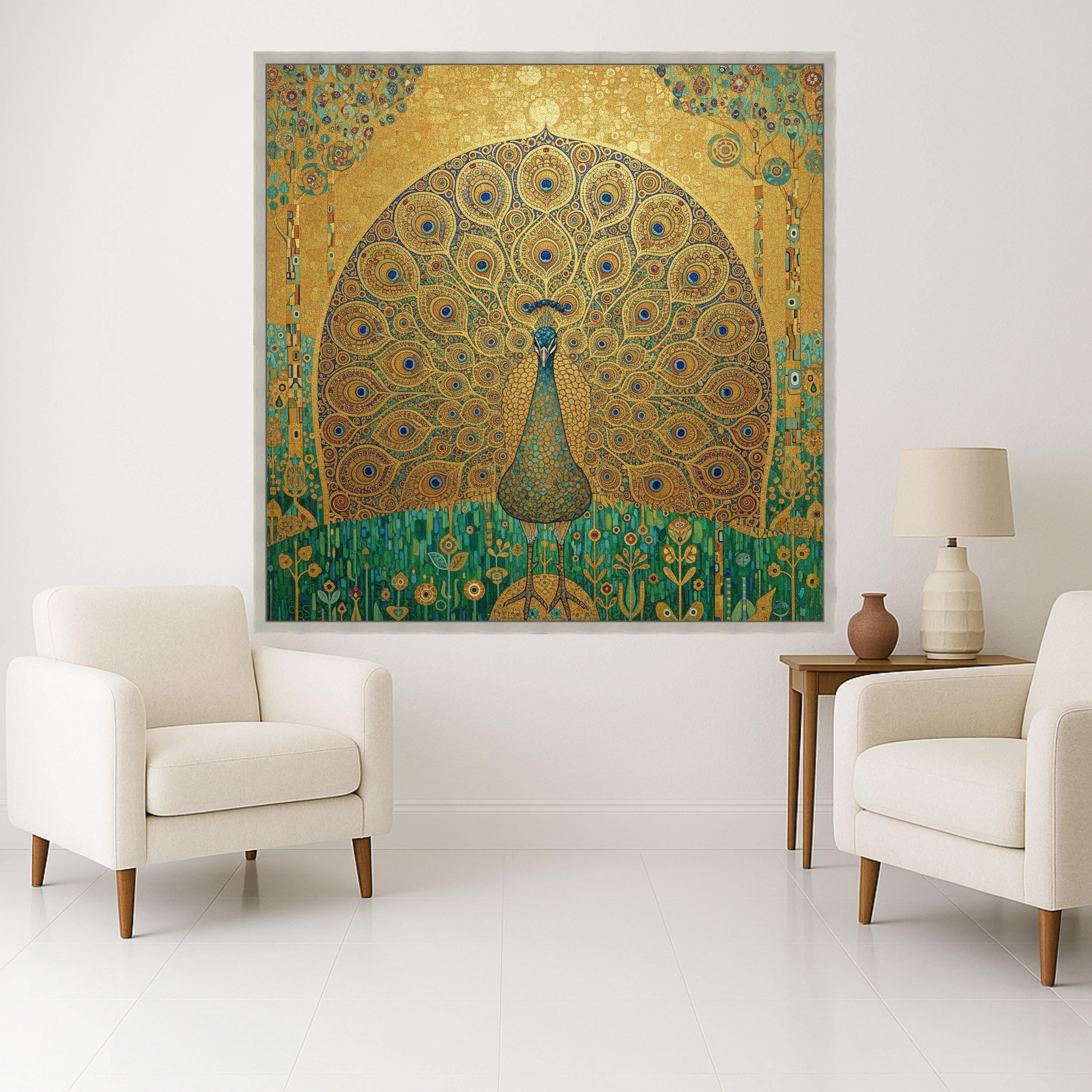 Golden Peacock Canvas Wall Art, Ornate Bird Illustration, Artistic Wildlife Decor, Decorative Nature Print, Elegant Home Wall Ready To Hang,