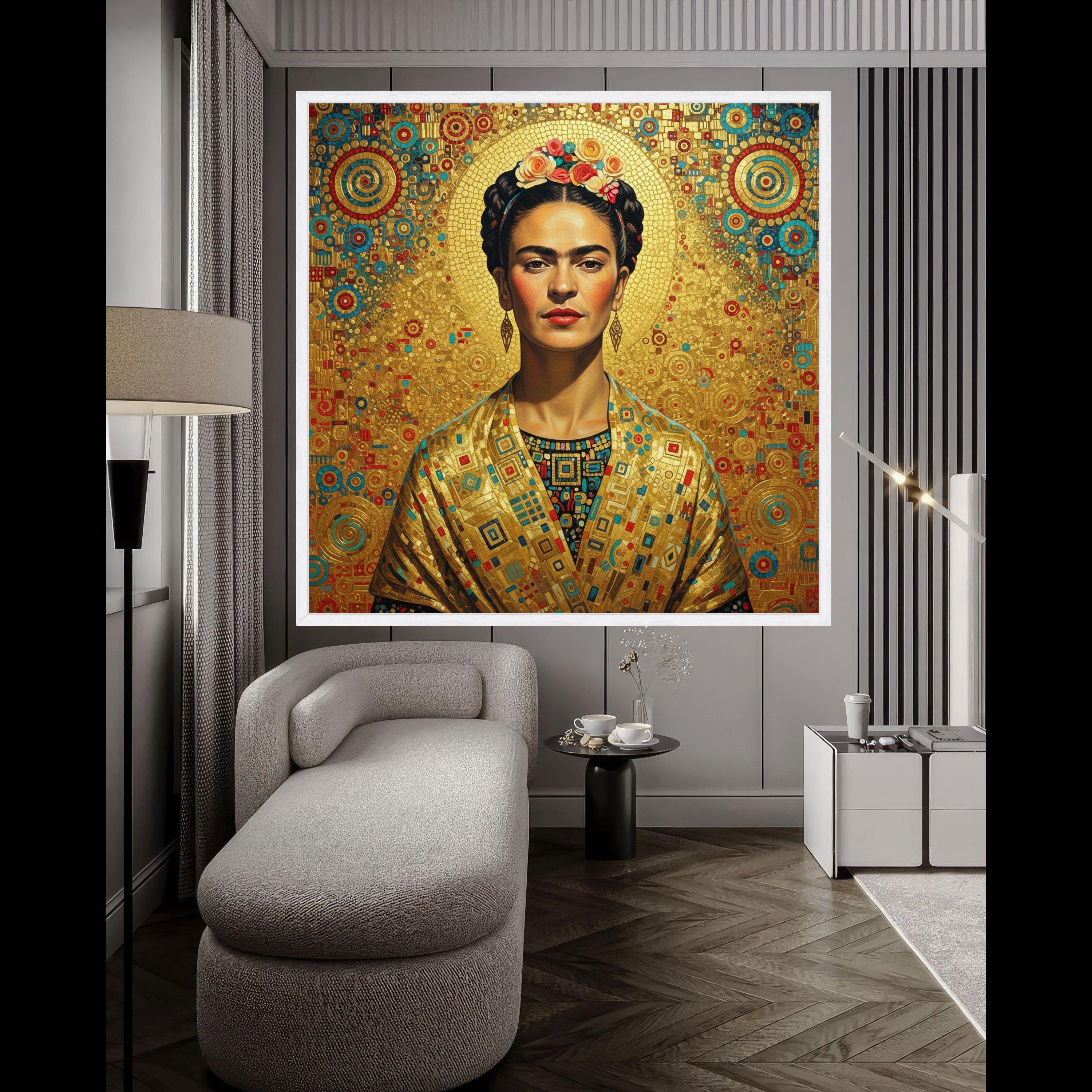 Frida Kahlo Portrait Canvas Wall Art, Golden Geometric Background, Modern Iconic Mexican Art, Vibrant Cultural Canvas Ready To Hang,