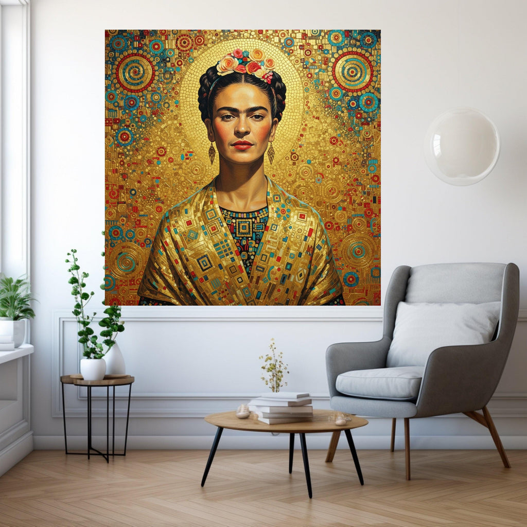 Frida Kahlo Portrait Canvas Wall Art, Golden Geometric Background, Modern Iconic Mexican Art, Vibrant Cultural Canvas Ready To Hang,