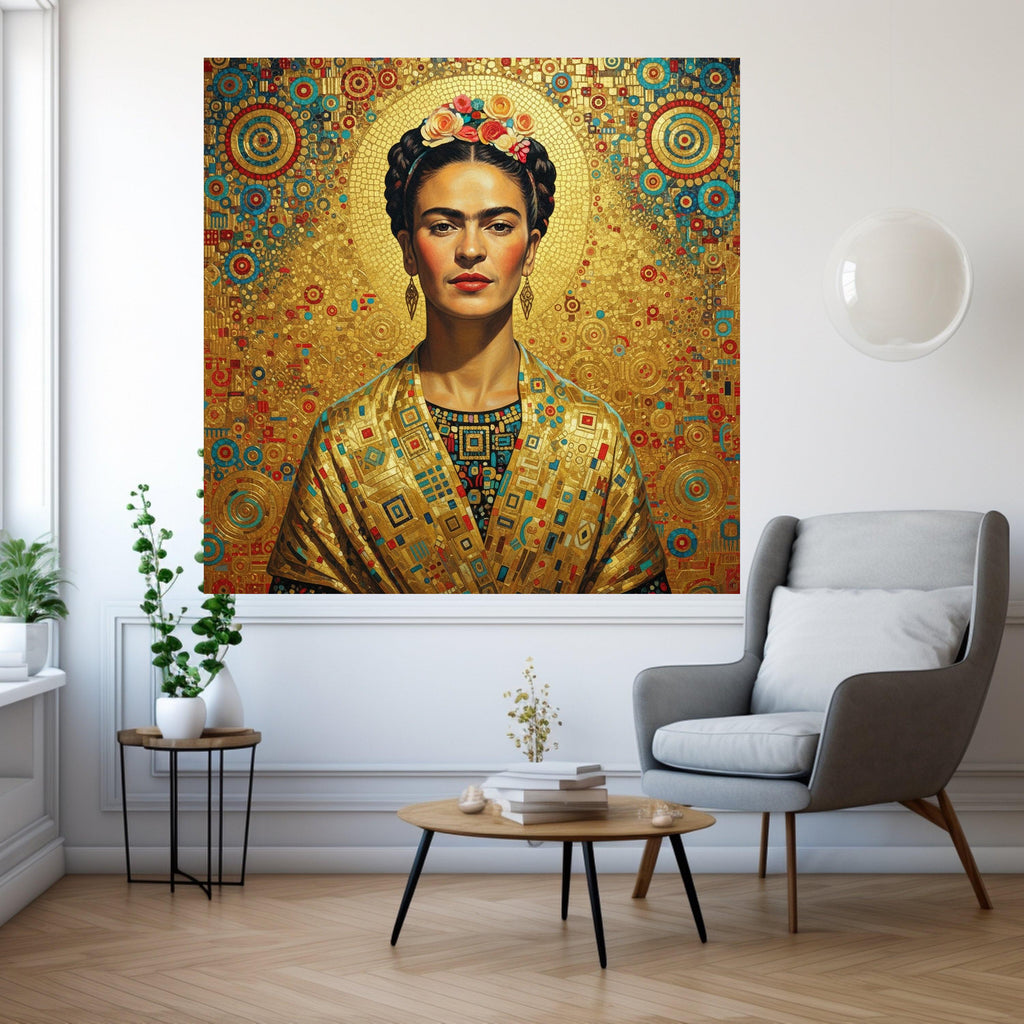 Frida Kahlo Portrait Canvas Wall Art, Golden Geometric Background, Modern Iconic Mexican Art, Vibrant Cultural Canvas Ready To Hang,
