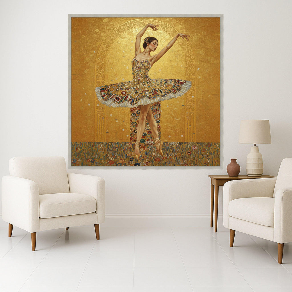 Elegant Ballet Dancer Canvas Wall Art, Golden Tutu Dance Print, Artistic Ballet Poster, Modern Dance Home Decor, Ready to Ready To Hang,