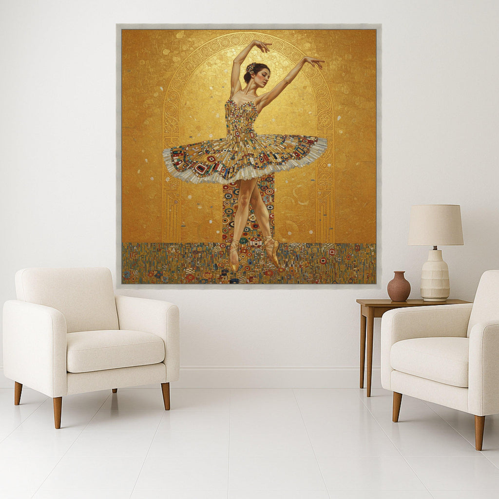 Elegant Ballet Dancer Canvas Wall Art, Golden Tutu Dance Print, Artistic Ballet Poster, Modern Dance Home Decor, Ready to Ready To Hang,