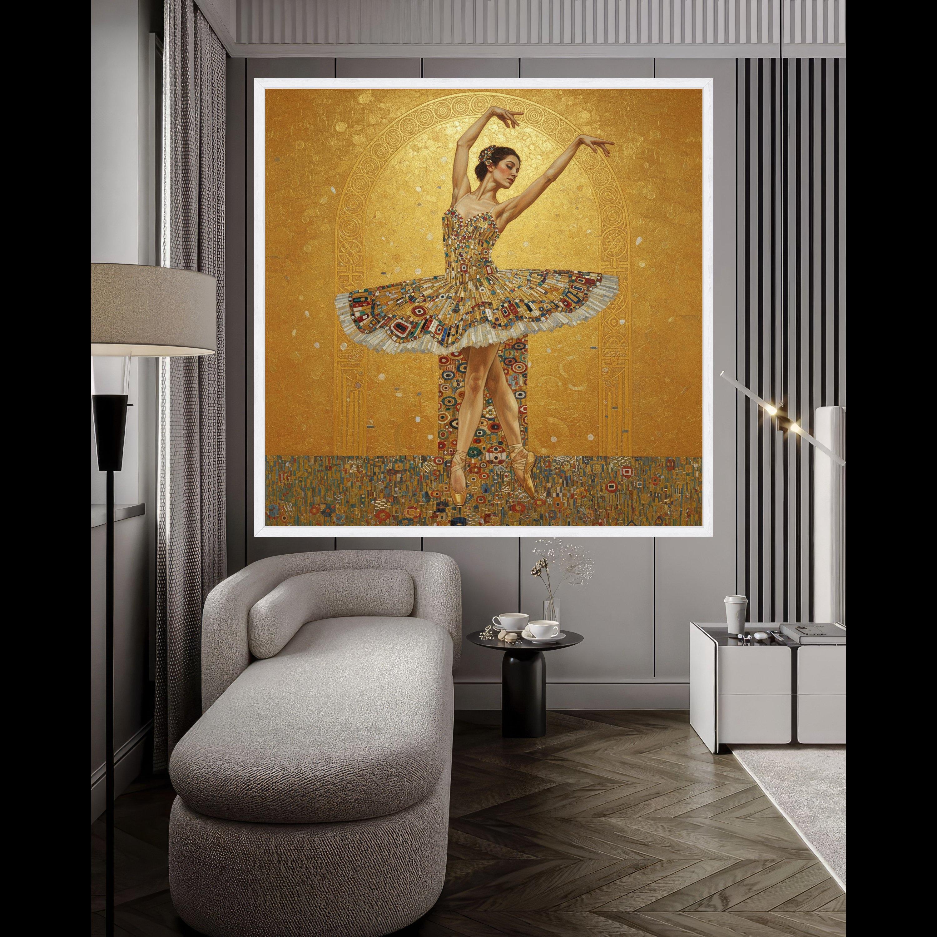 Elegant Ballet Dancer Canvas Wall Art, Golden Tutu Dance Print, Artistic Ballet Poster, Modern Dance Home Decor, Ready to Ready To Hang,