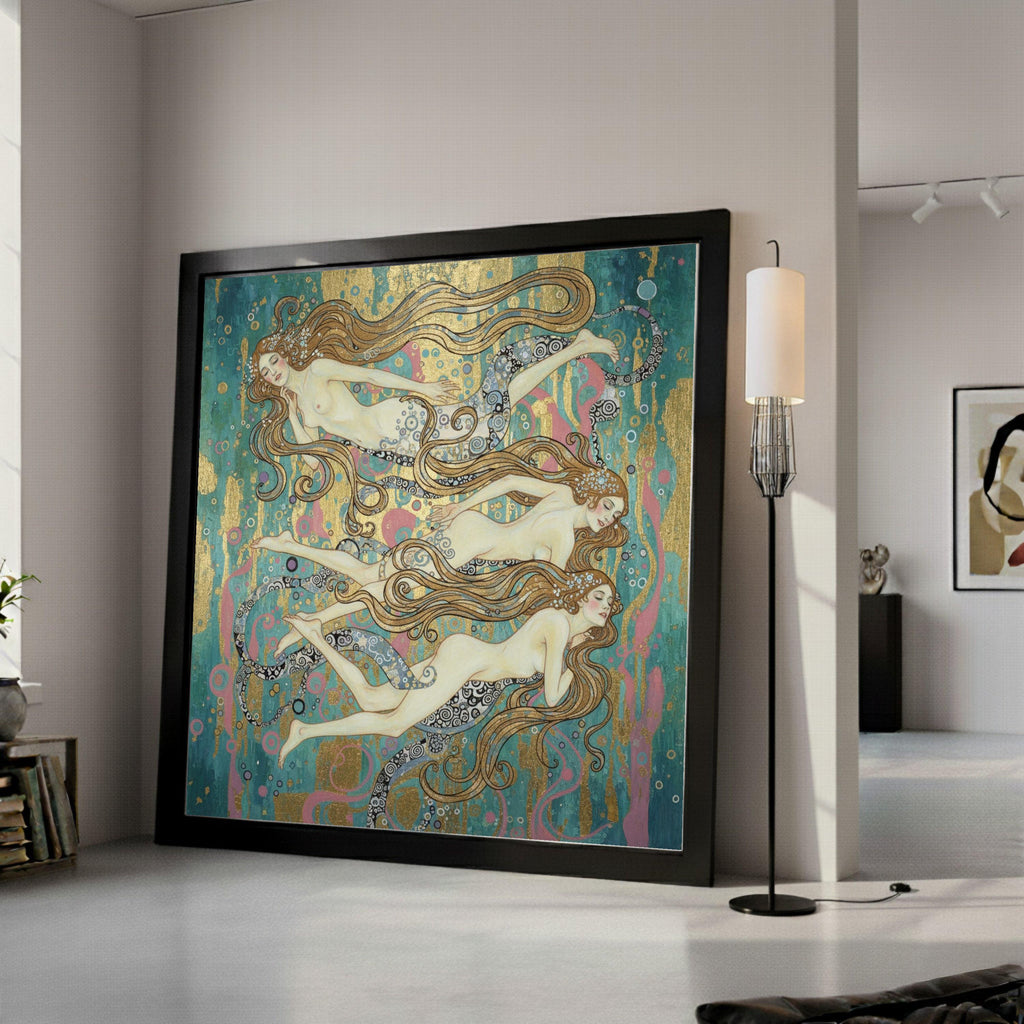 Art Nouveau Mermaids Canvas Wall Art, Decorative Sea Nymphs Painting, Elegant Ocean Fantasy, Gold Accent Home Decor, Nautical Ready To Hang,