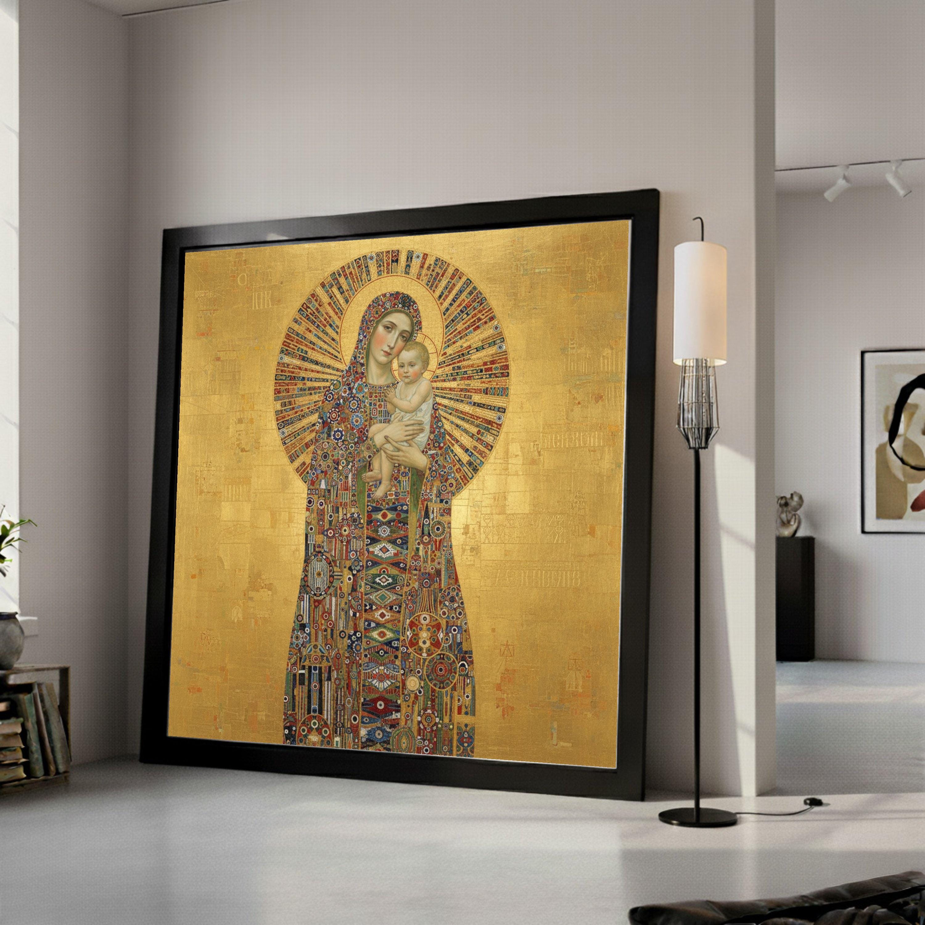 Madonna and Child Canvas, Religious Icon Wall Art, Byzantine Style Gold Decor, Spiritual Canvas Painting, Sacred Mother and Ready To Hang,