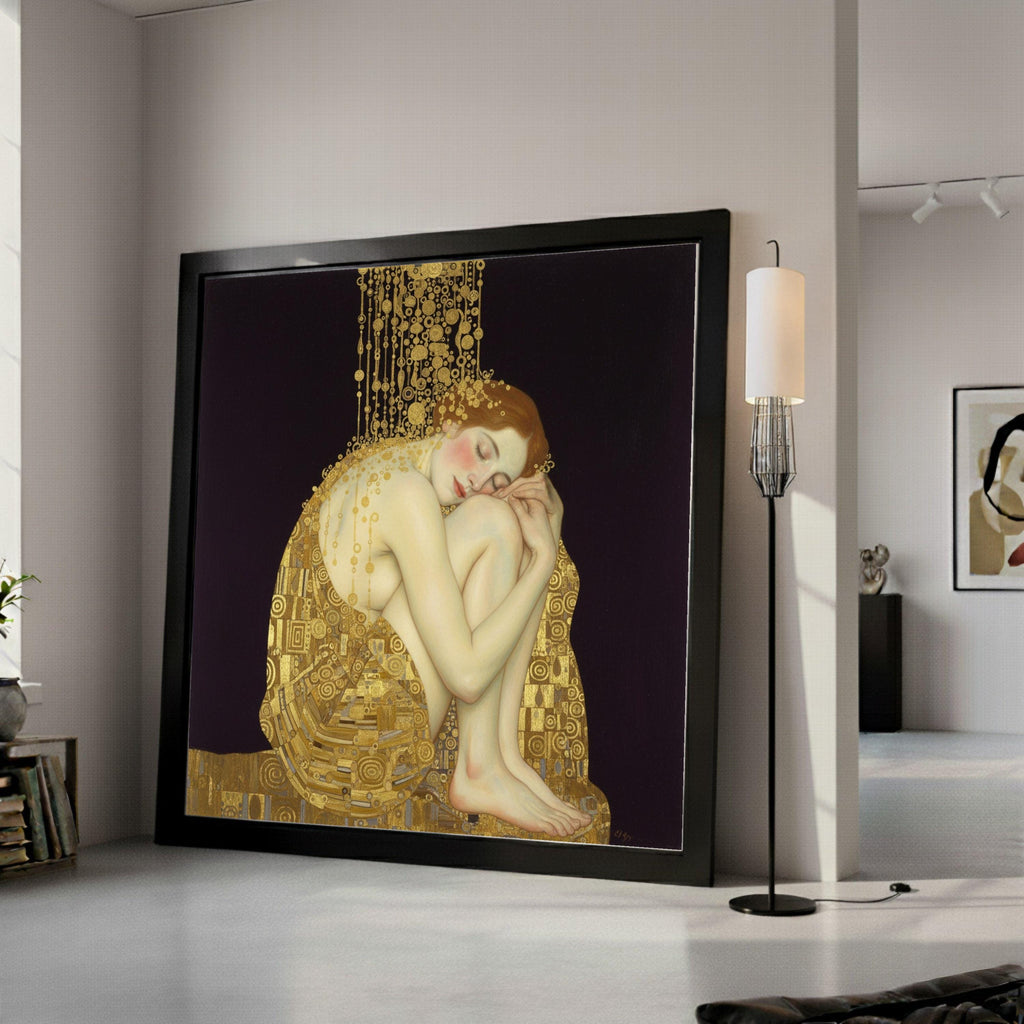 Elegant Sleeping Woman Canvas, Gold Accents Wall Art, Art Nouveau Style, Female Figure Painting, Home Decor Canvas, Modern Ready To Hang,