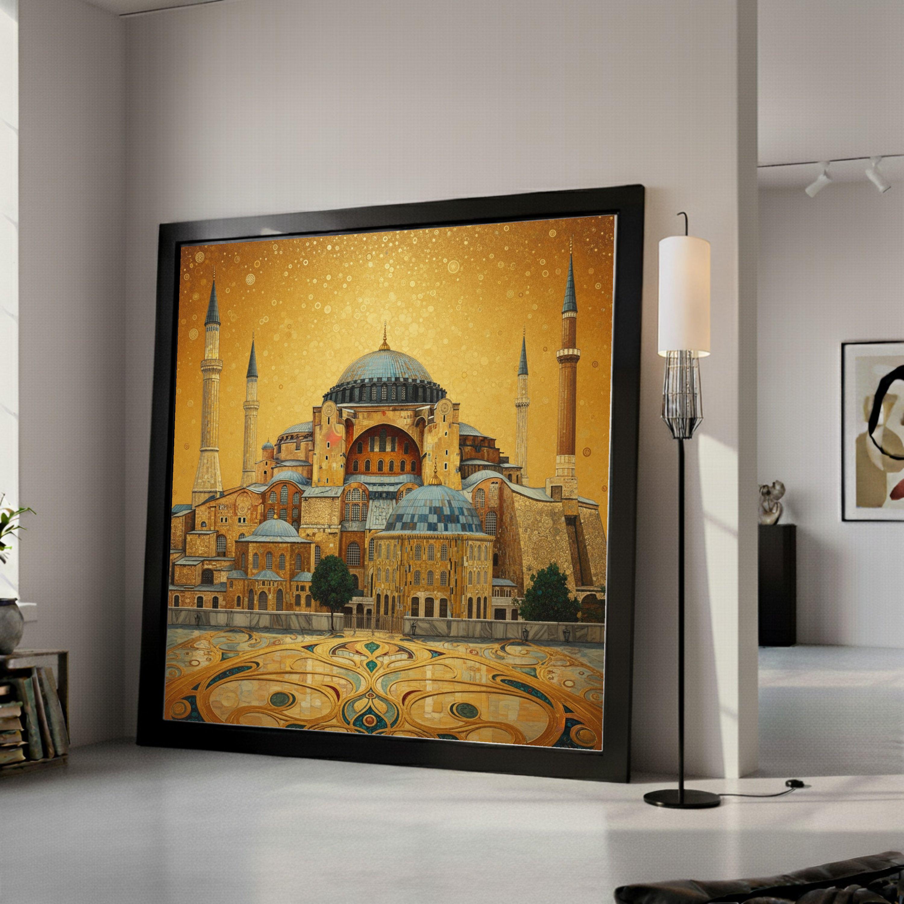 Golden Hagia Sophia Canvas Wall Art, Istanbul Architecture Painting, Historic Landmark Canvas, Middle Eastern Home Decor, Ready To Hang,