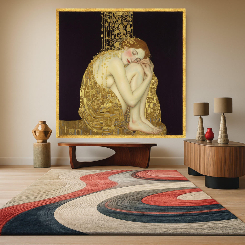 Elegant Sleeping Woman Canvas, Gold Accents Wall Art, Art Nouveau Style, Female Figure Painting, Home Decor Canvas, Modern Ready To Hang,