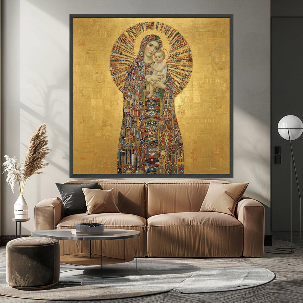Madonna and Child Canvas, Religious Icon Wall Art, Byzantine Style Gold Decor, Spiritual Canvas Painting, Sacred Mother and Ready To Hang,