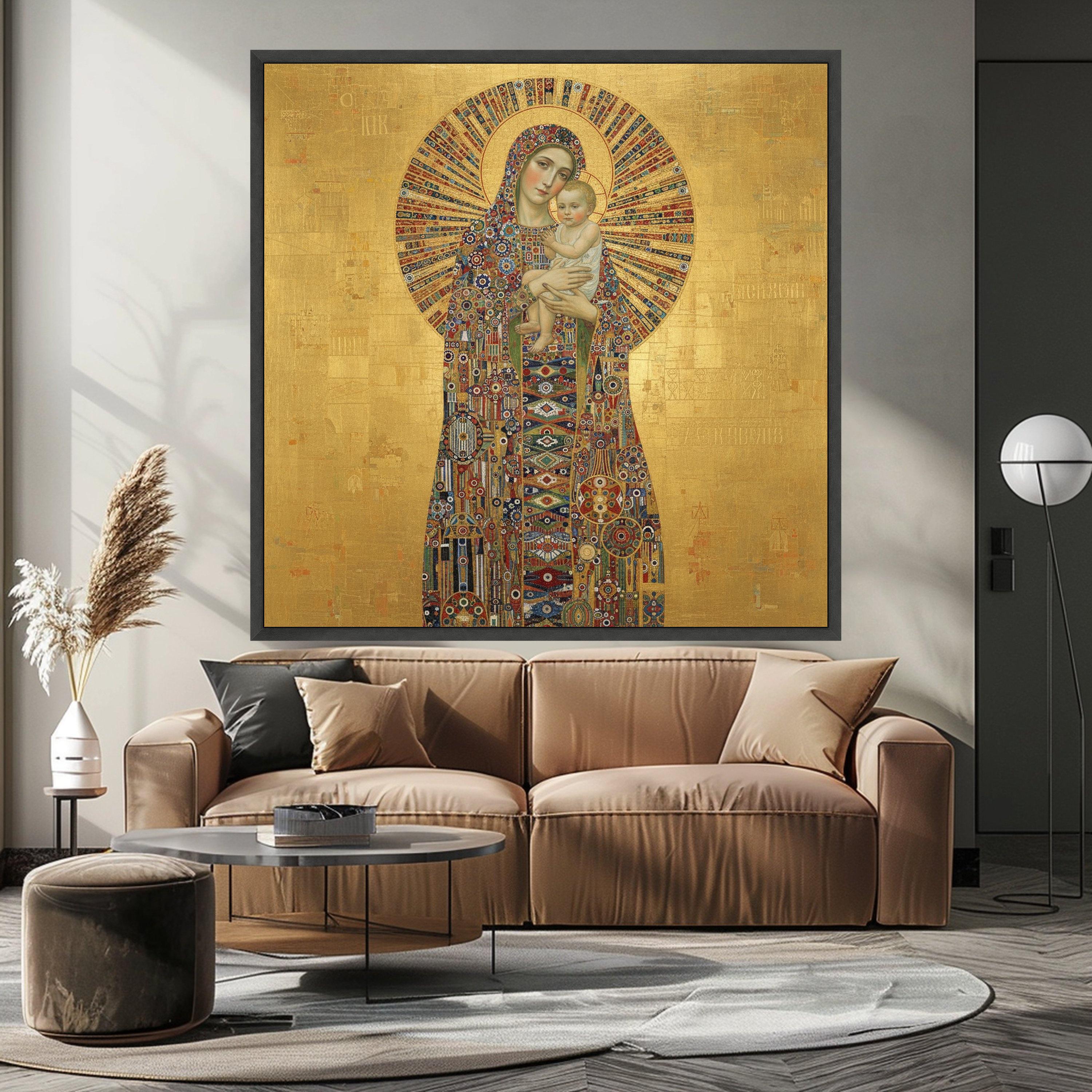 Madonna and Child Canvas, Religious Icon Wall Art, Byzantine Style Gold Decor, Spiritual Canvas Painting, Sacred Mother and Ready To Hang,