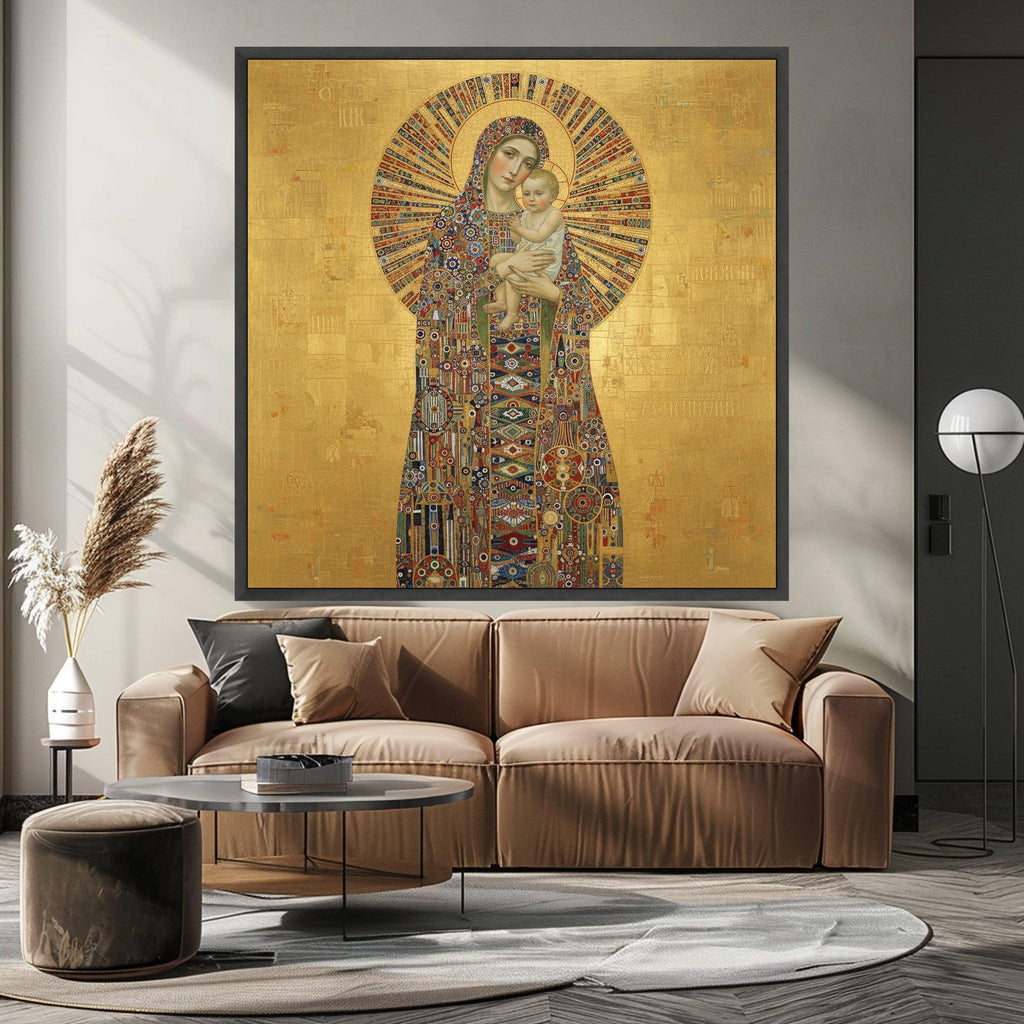 Madonna and Child Canvas, Religious Icon Wall Art, Byzantine Style Gold Decor, Spiritual Canvas Painting, Sacred Mother and Ready To Hang,