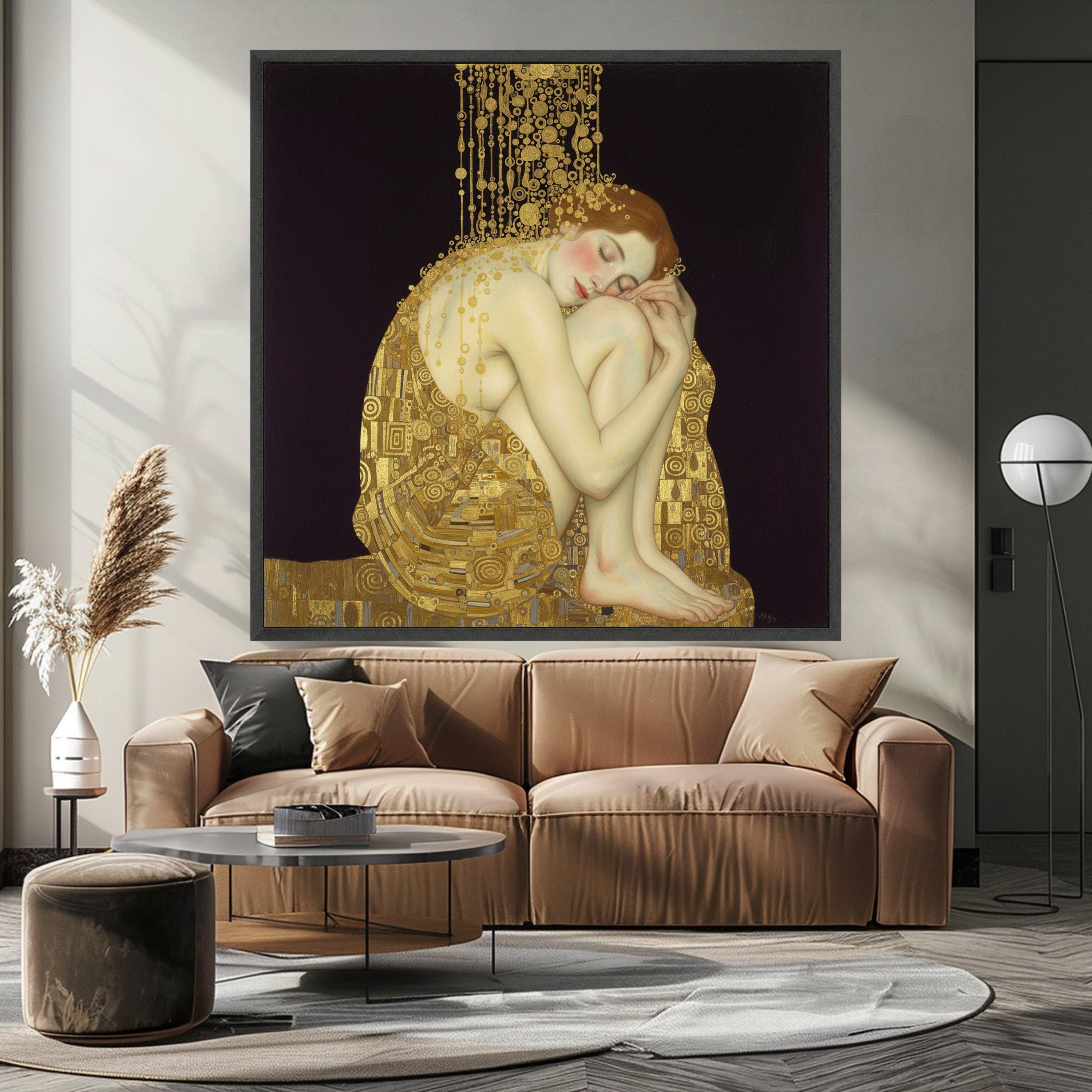 Elegant Sleeping Woman Canvas, Gold Accents Wall Art, Art Nouveau Style, Female Figure Painting, Home Decor Canvas, Modern Ready To Hang,