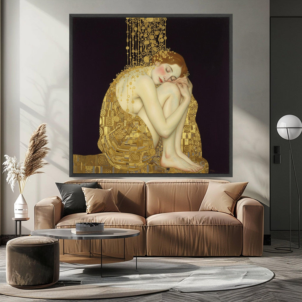 Elegant Sleeping Woman Canvas, Gold Accents Wall Art, Art Nouveau Style, Female Figure Painting, Home Decor Canvas, Modern Ready To Hang,