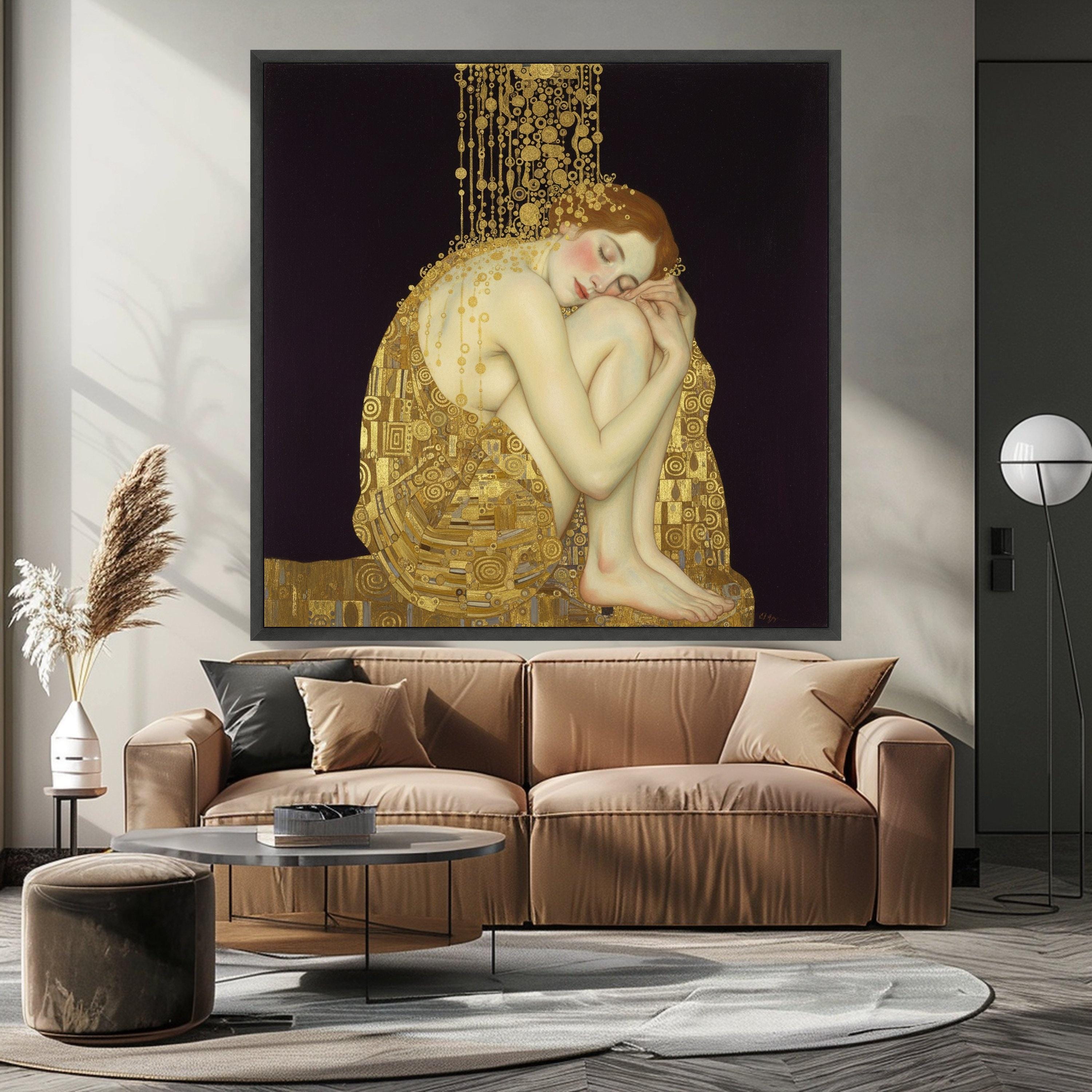 Elegant Sleeping Woman Canvas, Gold Accents Wall Art, Art Nouveau Style, Female Figure Painting, Home Decor Canvas, Modern Ready To Hang,