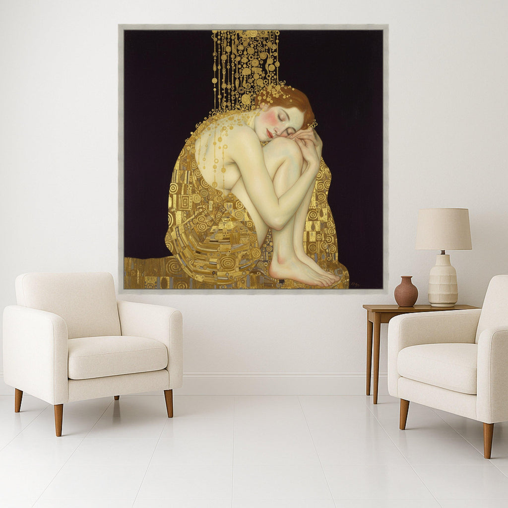 Elegant Sleeping Woman Canvas, Gold Accents Wall Art, Art Nouveau Style, Female Figure Painting, Home Decor Canvas, Modern Ready To Hang,