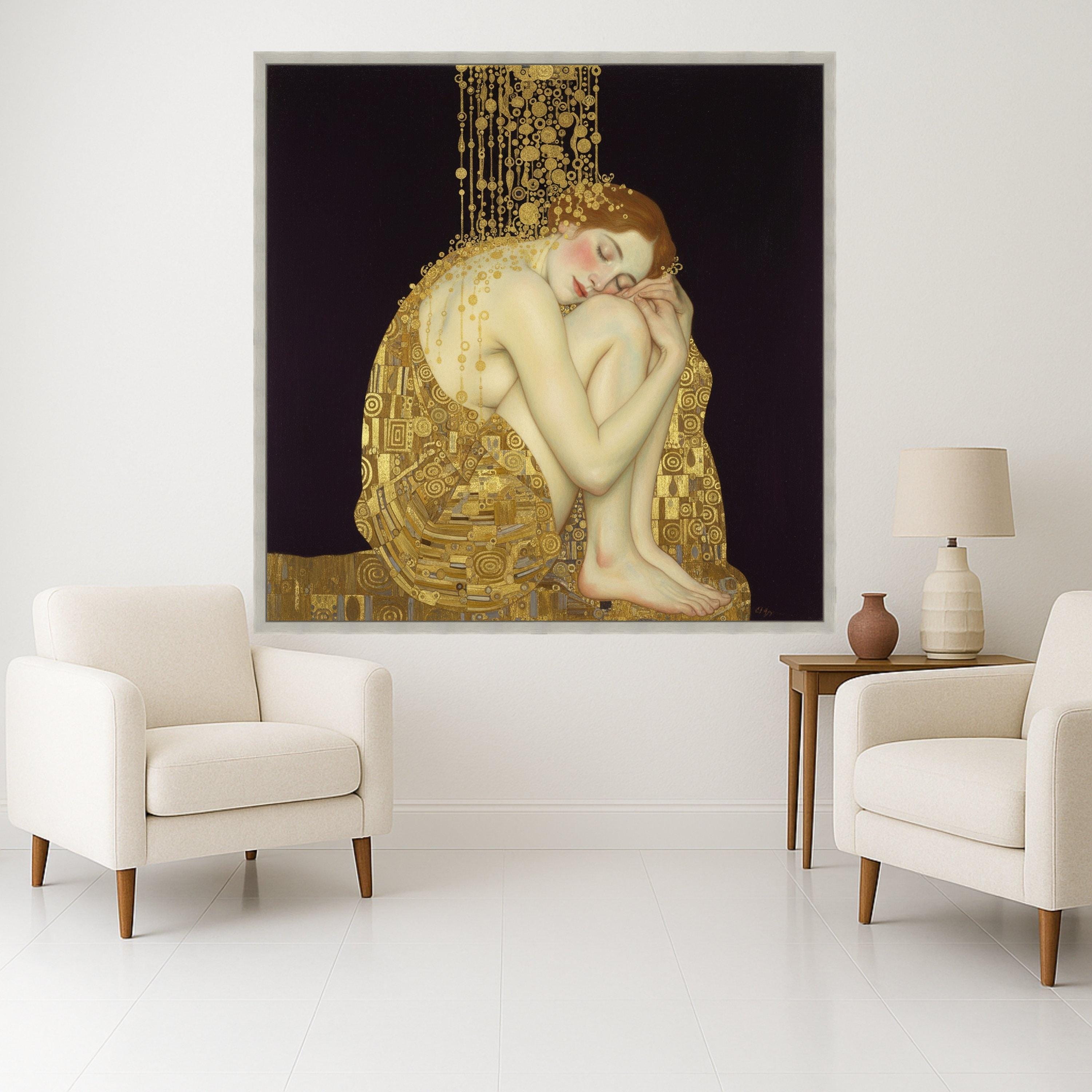 Elegant Sleeping Woman Canvas, Gold Accents Wall Art, Art Nouveau Style, Female Figure Painting, Home Decor Canvas, Modern Ready To Hang,