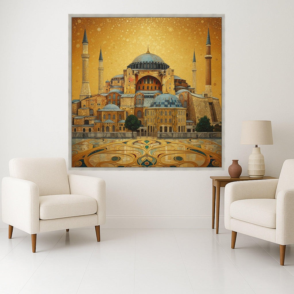 Golden Hagia Sophia Canvas Wall Art, Istanbul Architecture Painting, Historic Landmark Canvas, Middle Eastern Home Decor, Ready To Hang,