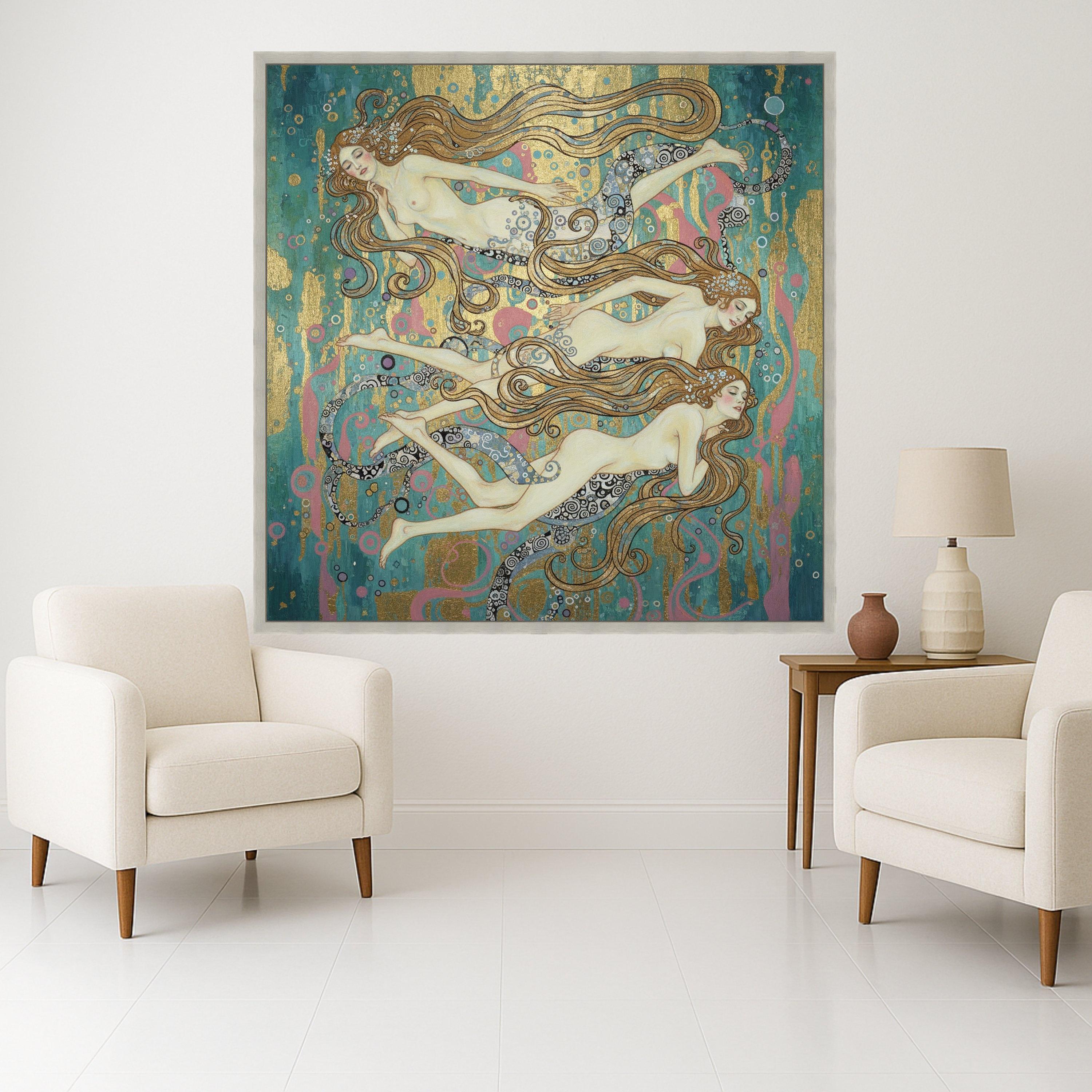 Art Nouveau Mermaids Canvas Wall Art, Decorative Sea Nymphs Painting, Elegant Ocean Fantasy, Gold Accent Home Decor, Nautical Ready To Hang,