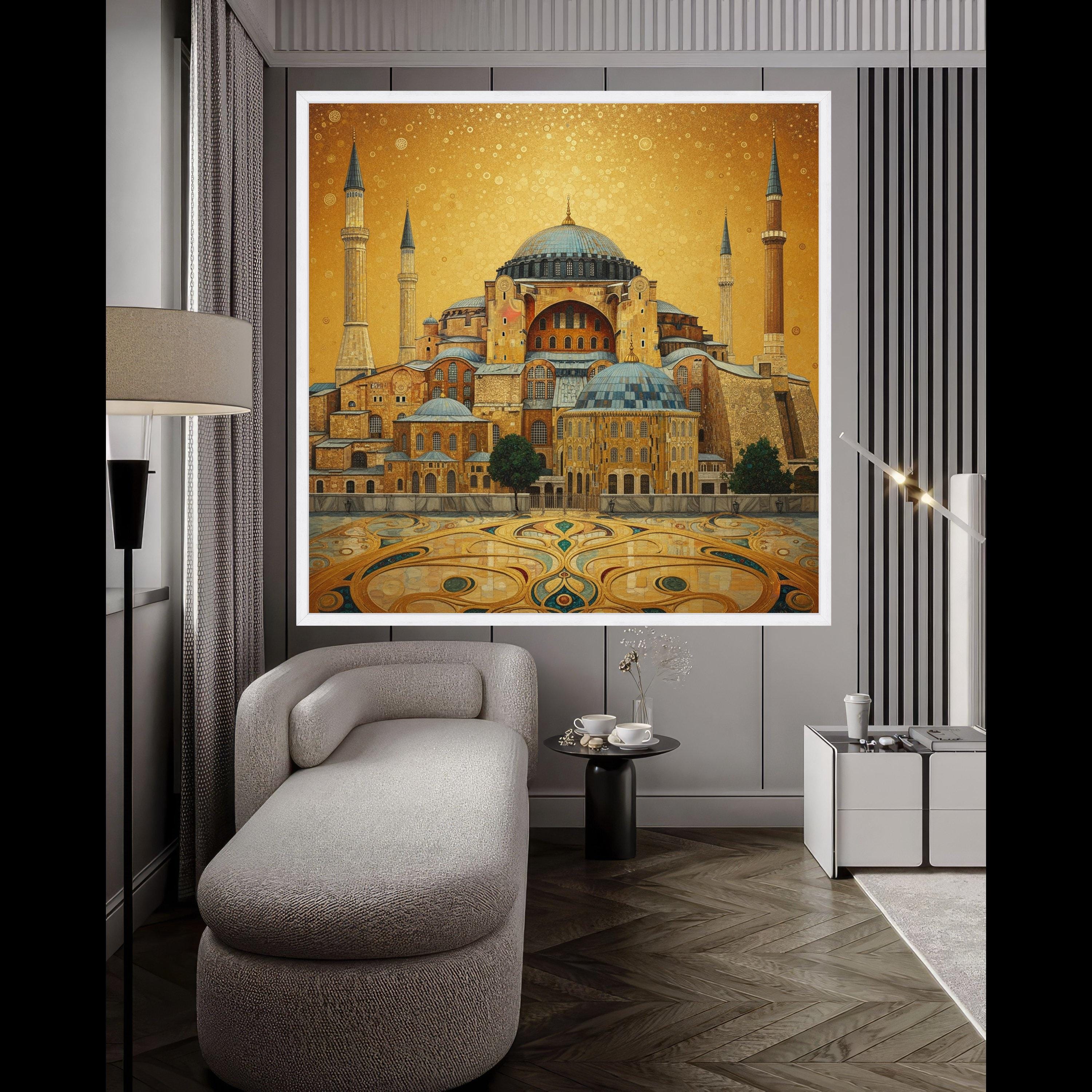 Golden Hagia Sophia Canvas Wall Art, Istanbul Architecture Painting, Historic Landmark Canvas, Middle Eastern Home Decor, Ready To Hang,