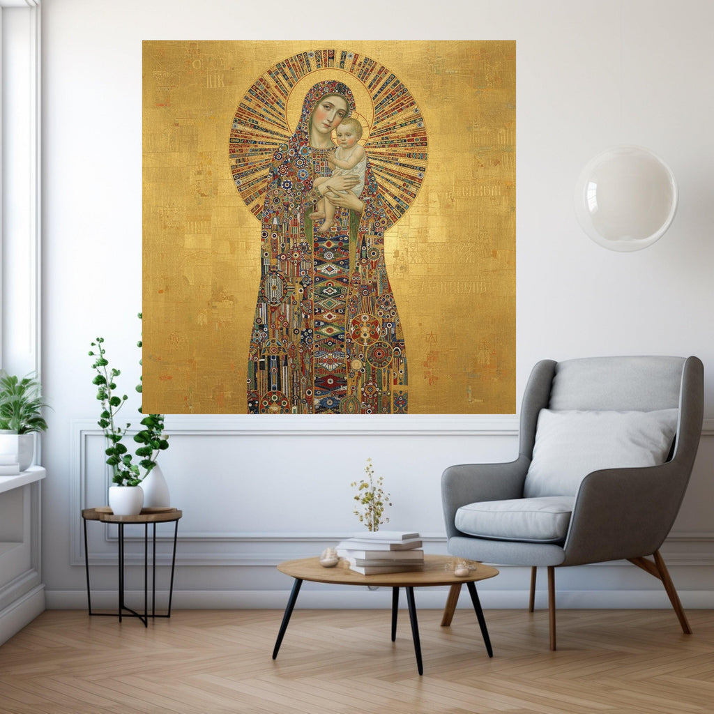 Madonna and Child Canvas, Religious Icon Wall Art, Byzantine Style Gold Decor, Spiritual Canvas Painting, Sacred Mother and Ready To Hang,