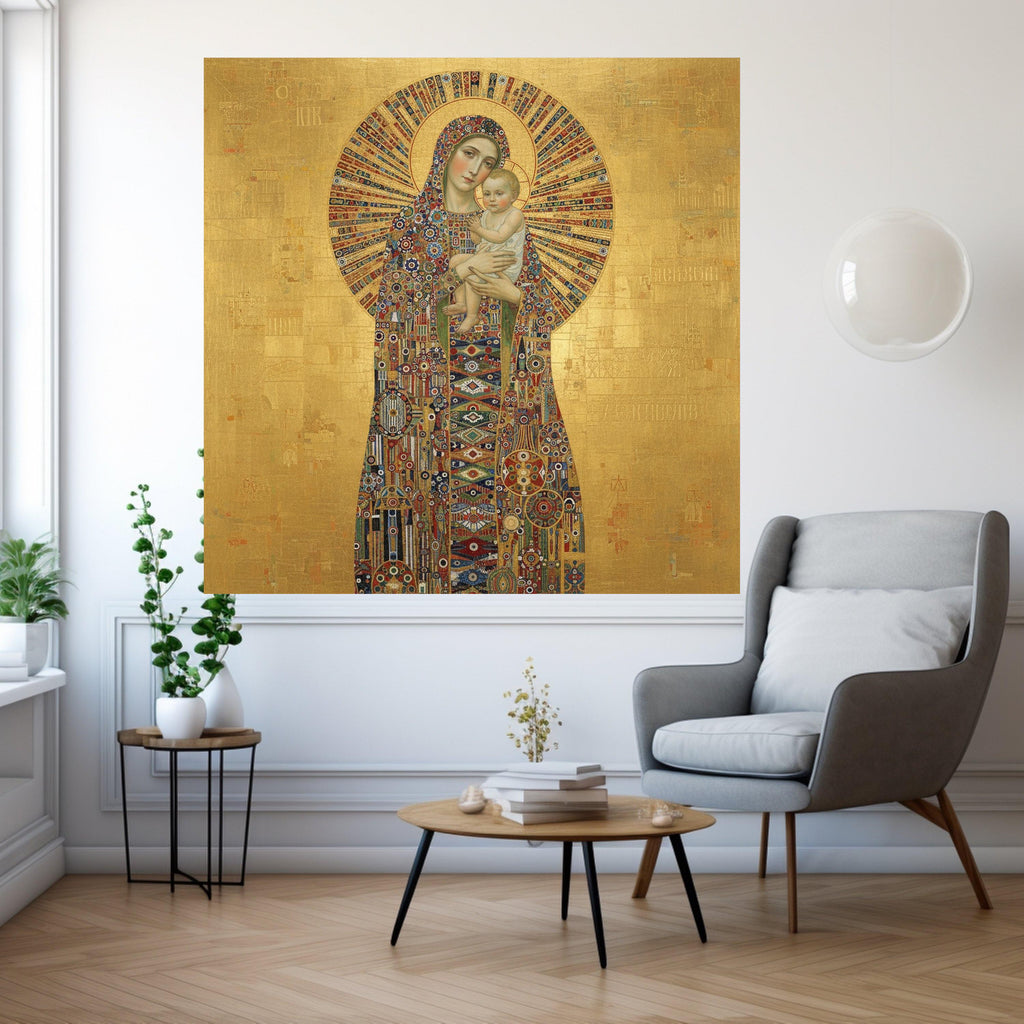 Madonna and Child Canvas, Religious Icon Wall Art, Byzantine Style Gold Decor, Spiritual Canvas Painting, Sacred Mother and Ready To Hang,