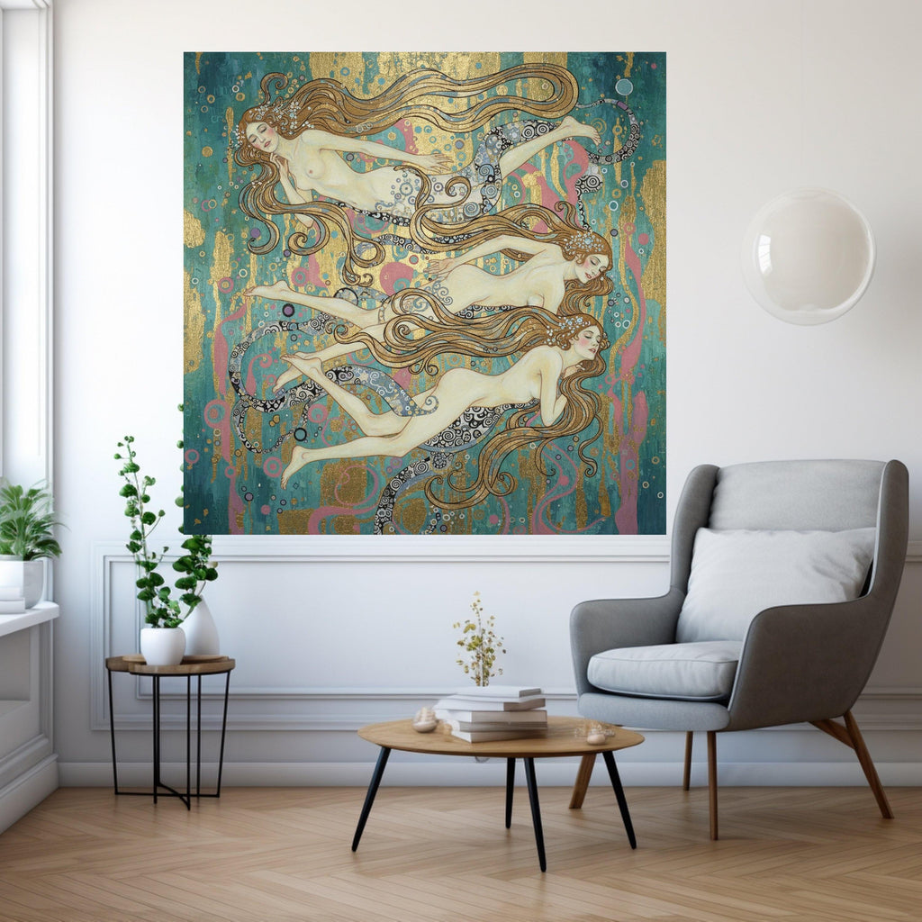 Art Nouveau Mermaids Canvas Wall Art, Decorative Sea Nymphs Painting, Elegant Ocean Fantasy, Gold Accent Home Decor, Nautical Ready To Hang,