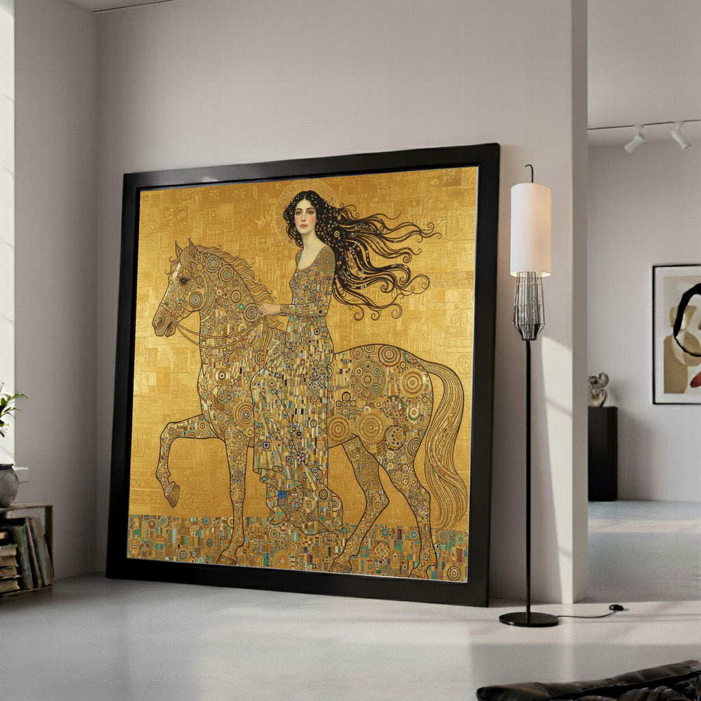 Elegant Woman on Horse Canvas, Gold Mosaic Art, Decorative Wall Art, Gustav Klimt Inspired, Ready to Hang Canvas Wall Decor Ready To Hang,