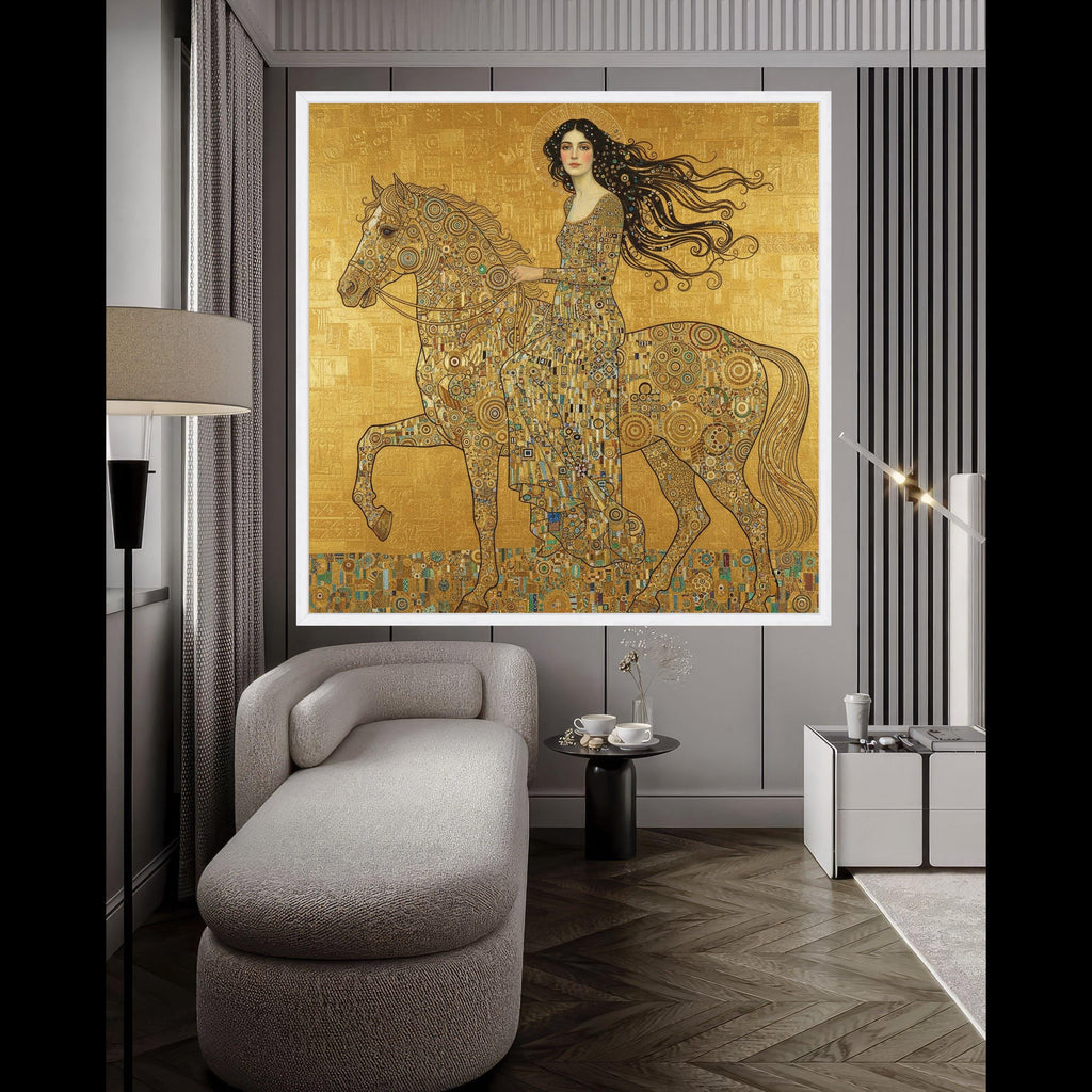 Elegant Woman on Horse Canvas, Gold Mosaic Art, Decorative Wall Art, Gustav Klimt Inspired, Ready to Hang Canvas Wall Decor Ready To Hang,