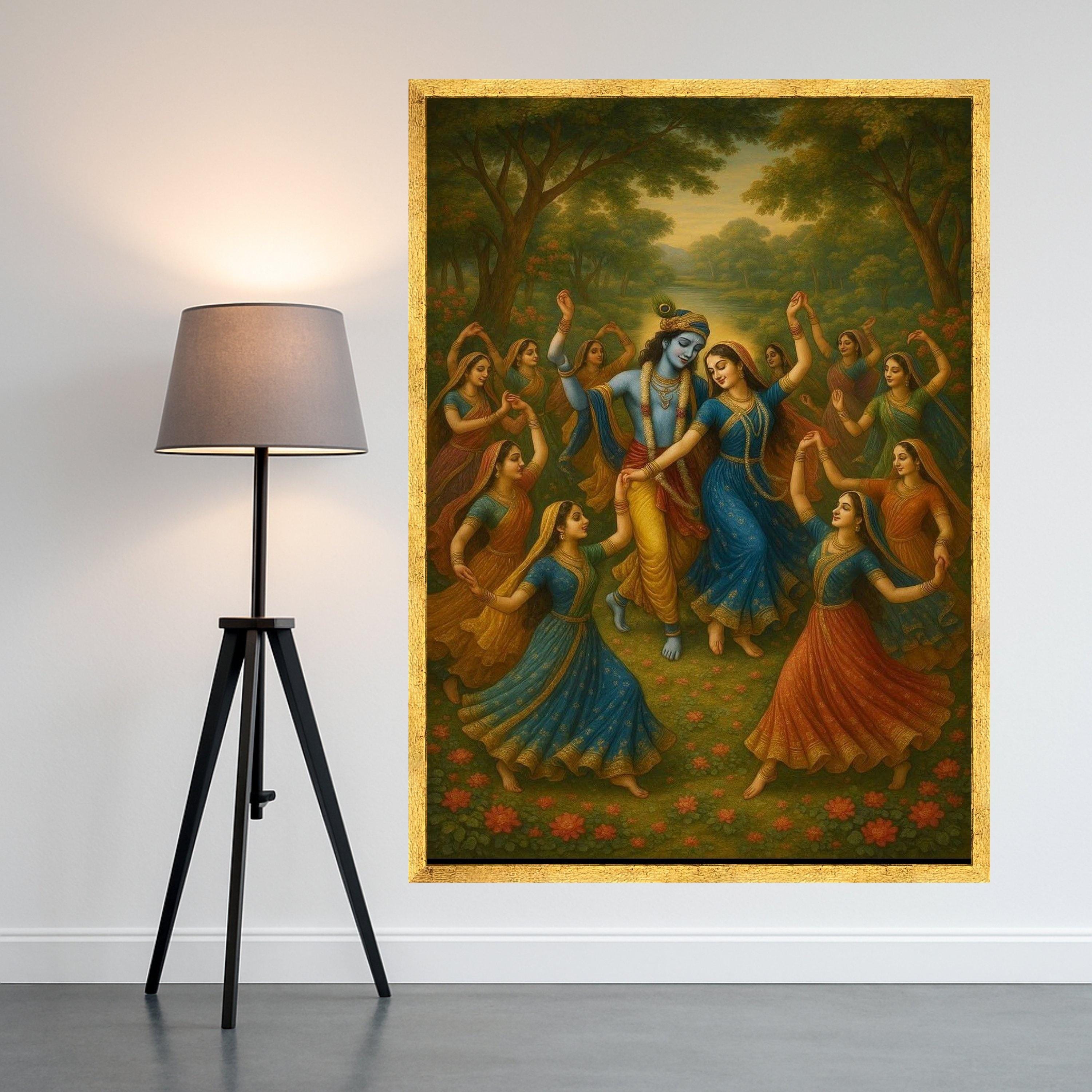 Krishna Radha and Gopis Dance Canvas Art, Traditional Indian Mythology Wall Decor, Spiritual Hindu God Painting, Vibrant Ready To Hang,
