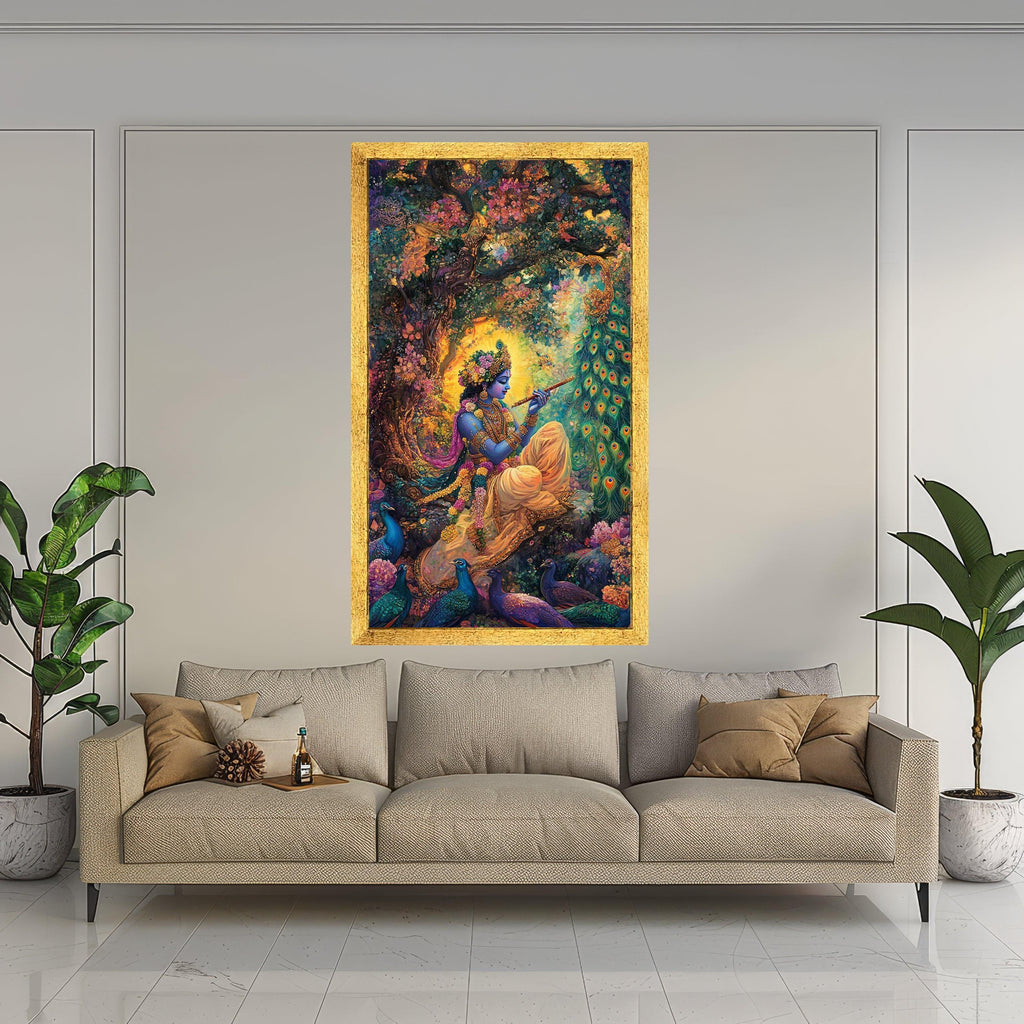 Divine Krishna Playing Flute Canvas, Indian Mythology Wall Art, Vibrant Peacock Nature Painting, Spiritual Home Decor, Sacred Ready To Hang,