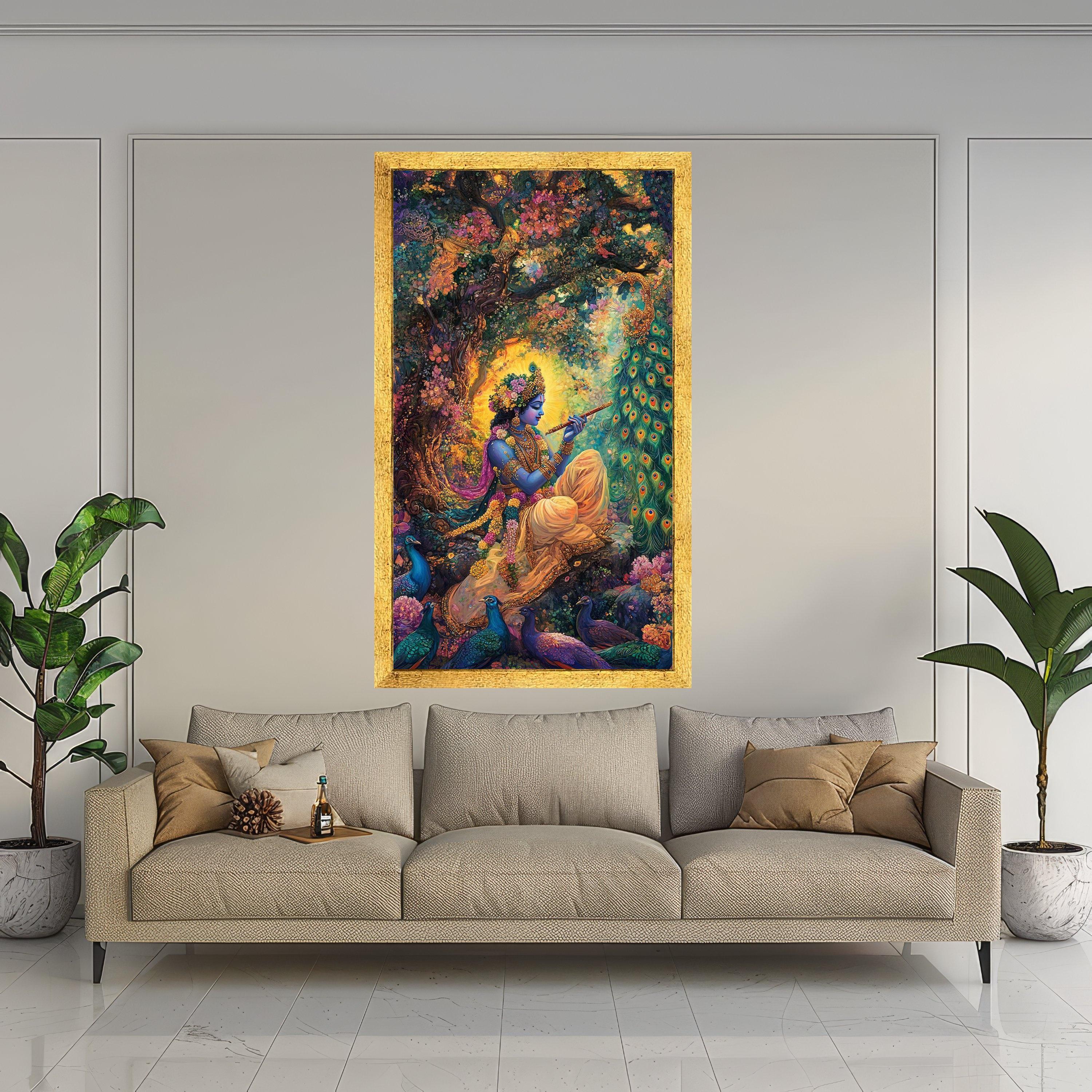 Divine Krishna Playing Flute Canvas, Indian Mythology Wall Art, Vibrant Peacock Nature Painting, Spiritual Home Decor, Sacred Ready To Hang,