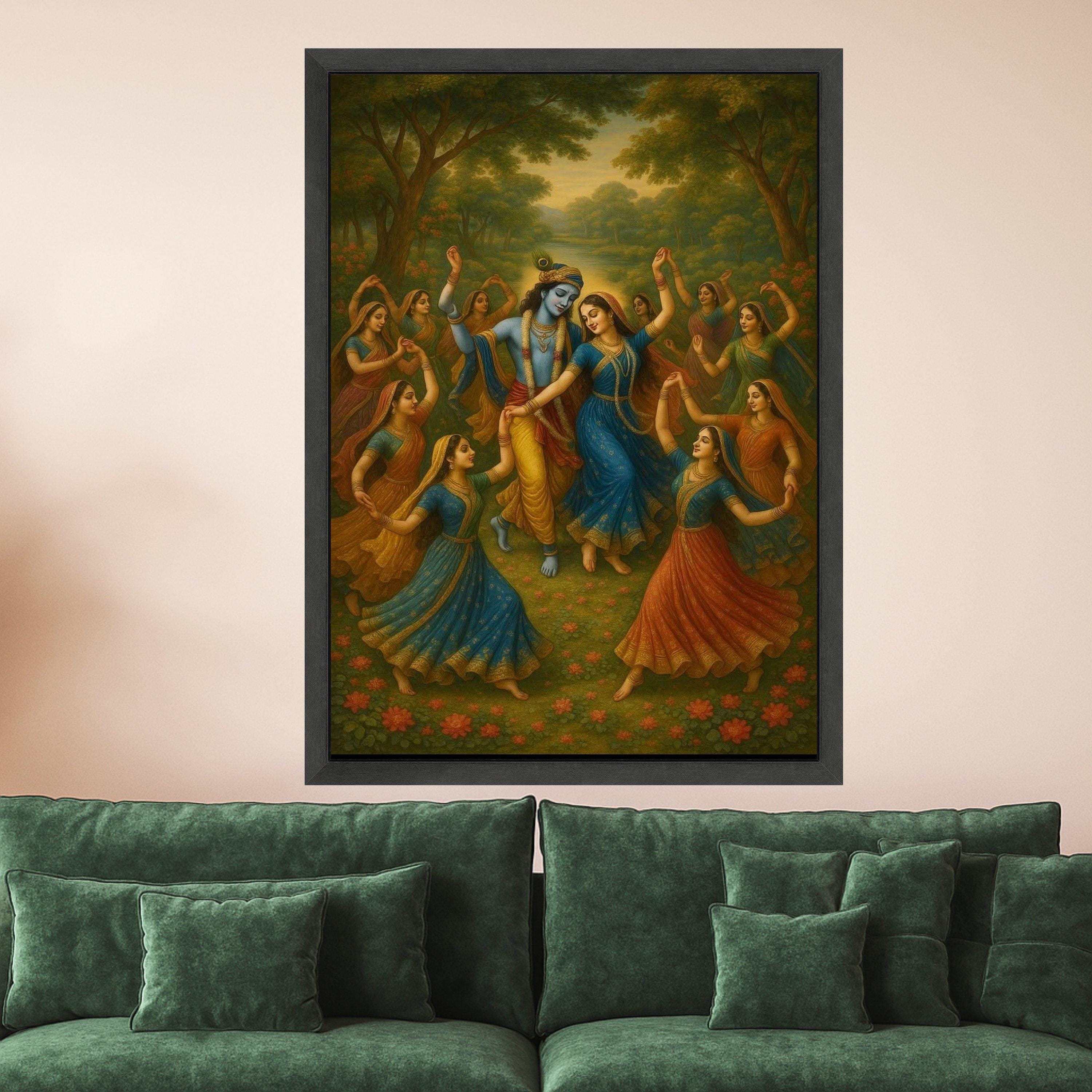 Krishna Radha and Gopis Dance Canvas Art, Traditional Indian Mythology Wall Decor, Spiritual Hindu God Painting, Vibrant Ready To Hang,