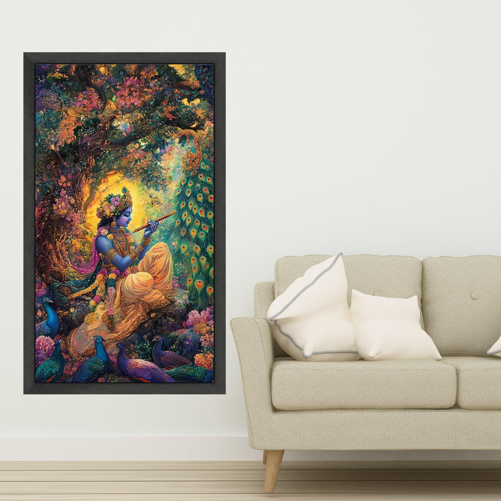 Divine Krishna Playing Flute Canvas, Indian Mythology Wall Art, Vibrant Peacock Nature Painting, Spiritual Home Decor, Sacred Ready To Hang,