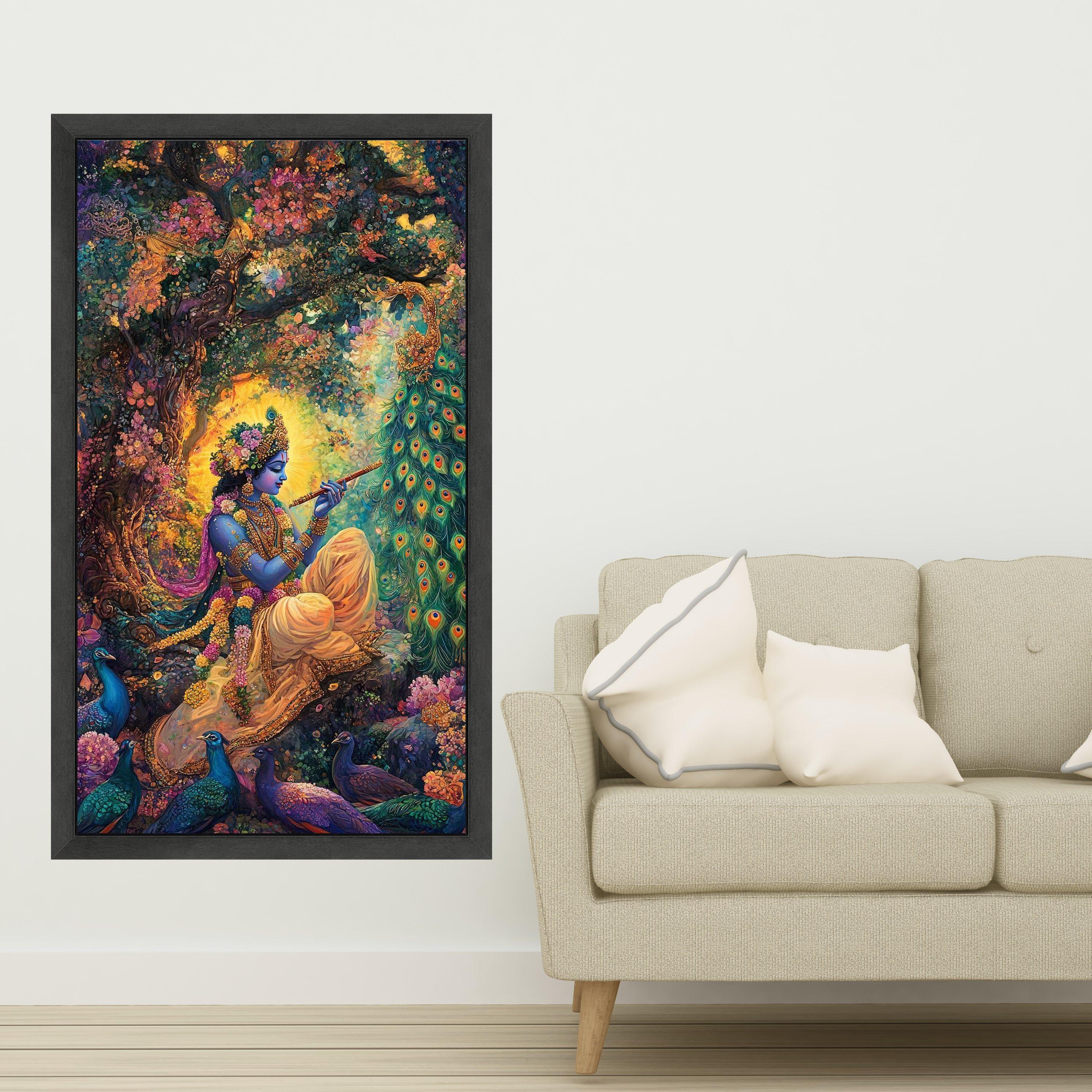 Divine Krishna Playing Flute Canvas, Indian Mythology Wall Art, Vibrant Peacock Nature Painting, Spiritual Home Decor, Sacred Ready To Hang,
