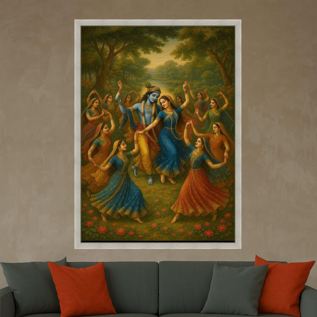 Krishna Radha and Gopis Dance Canvas Art, Traditional Indian Mythology Wall Decor, Spiritual Hindu God Painting, Vibrant Ready To Hang,