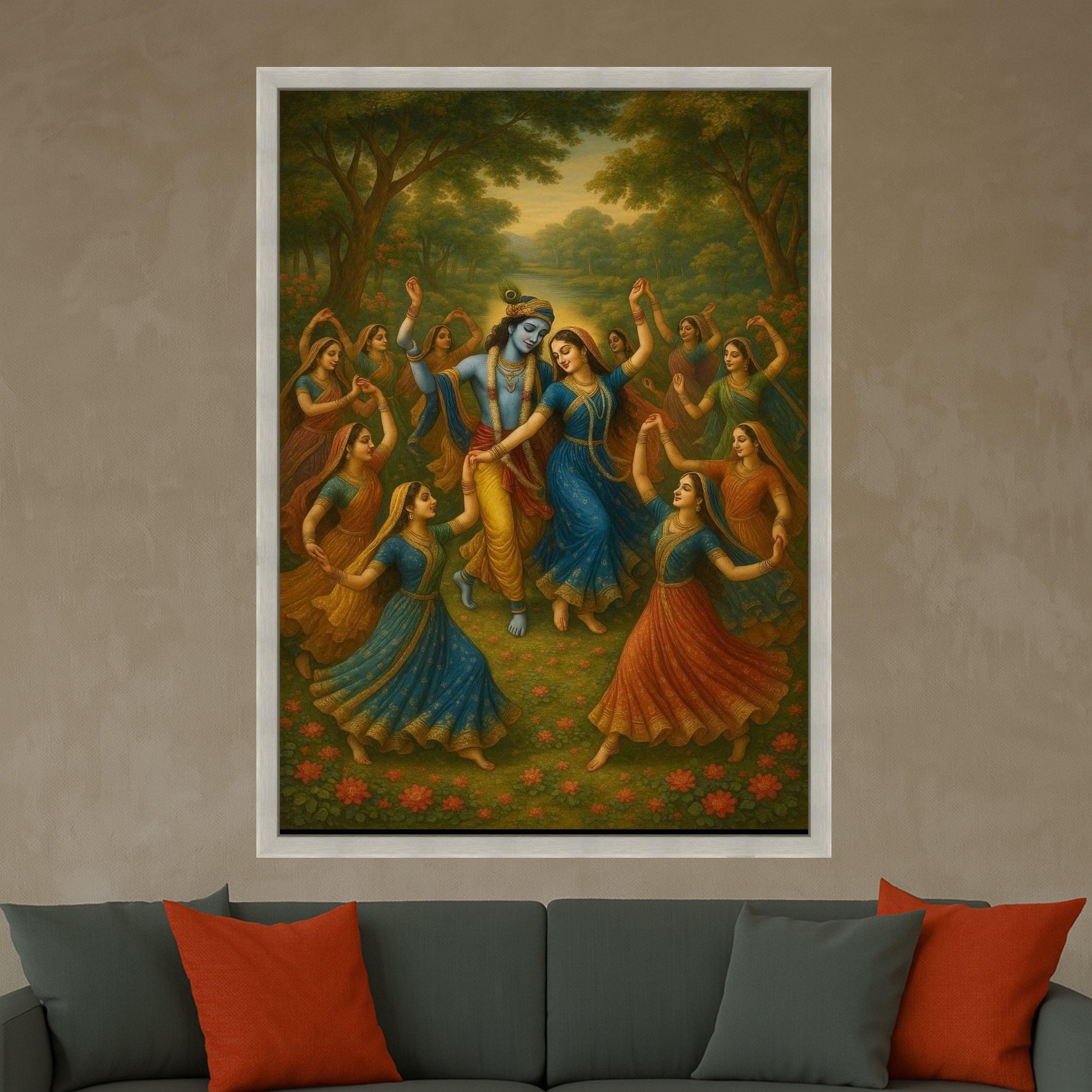 Krishna Radha and Gopis Dance Canvas Art, Traditional Indian Mythology Wall Decor, Spiritual Hindu God Painting, Vibrant Ready To Hang,