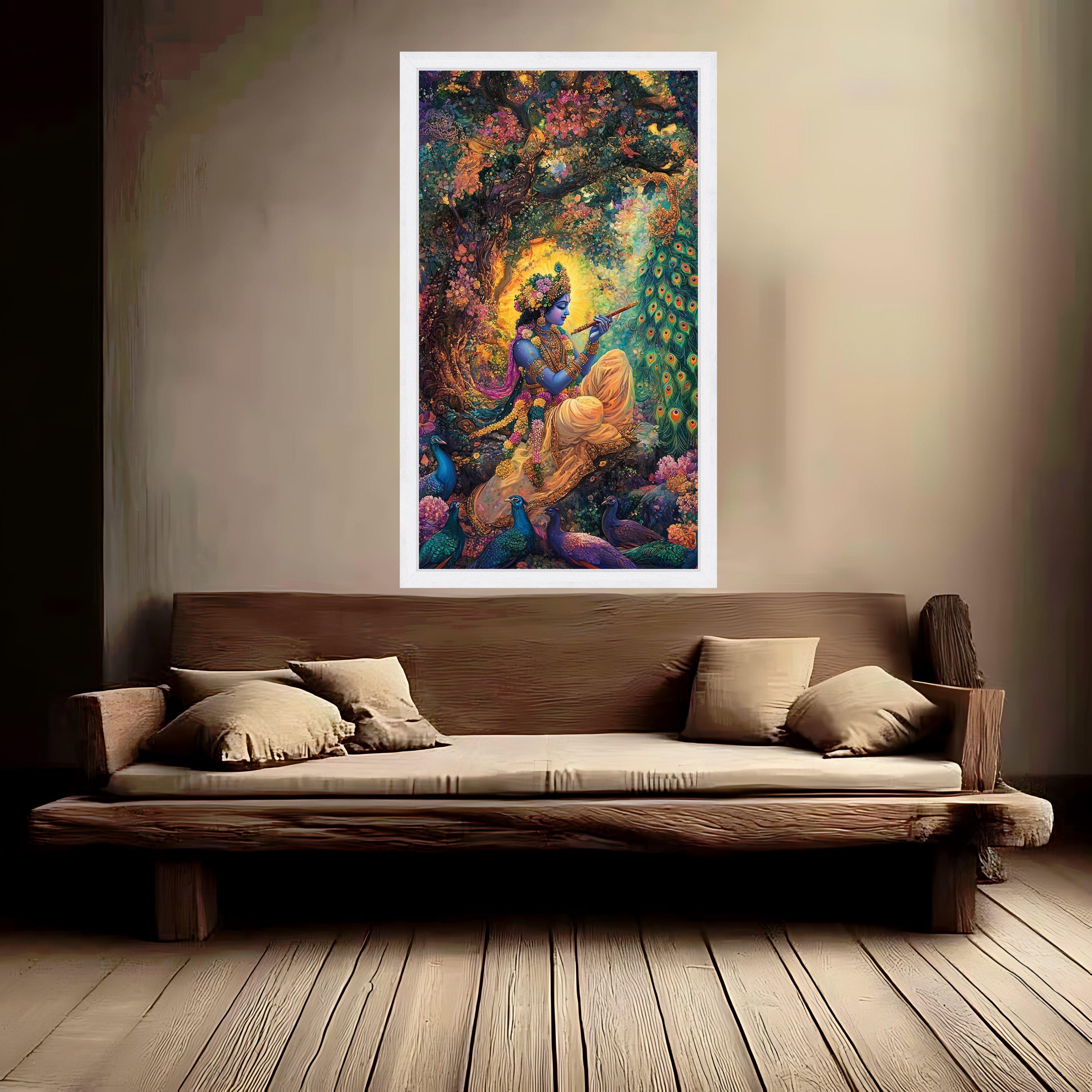 Divine Krishna Playing Flute Canvas, Indian Mythology Wall Art, Vibrant Peacock Nature Painting, Spiritual Home Decor, Sacred Ready To Hang,