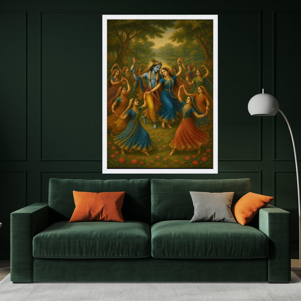 Krishna Radha and Gopis Dance Canvas Art, Traditional Indian Mythology Wall Decor, Spiritual Hindu God Painting, Vibrant Ready To Hang,