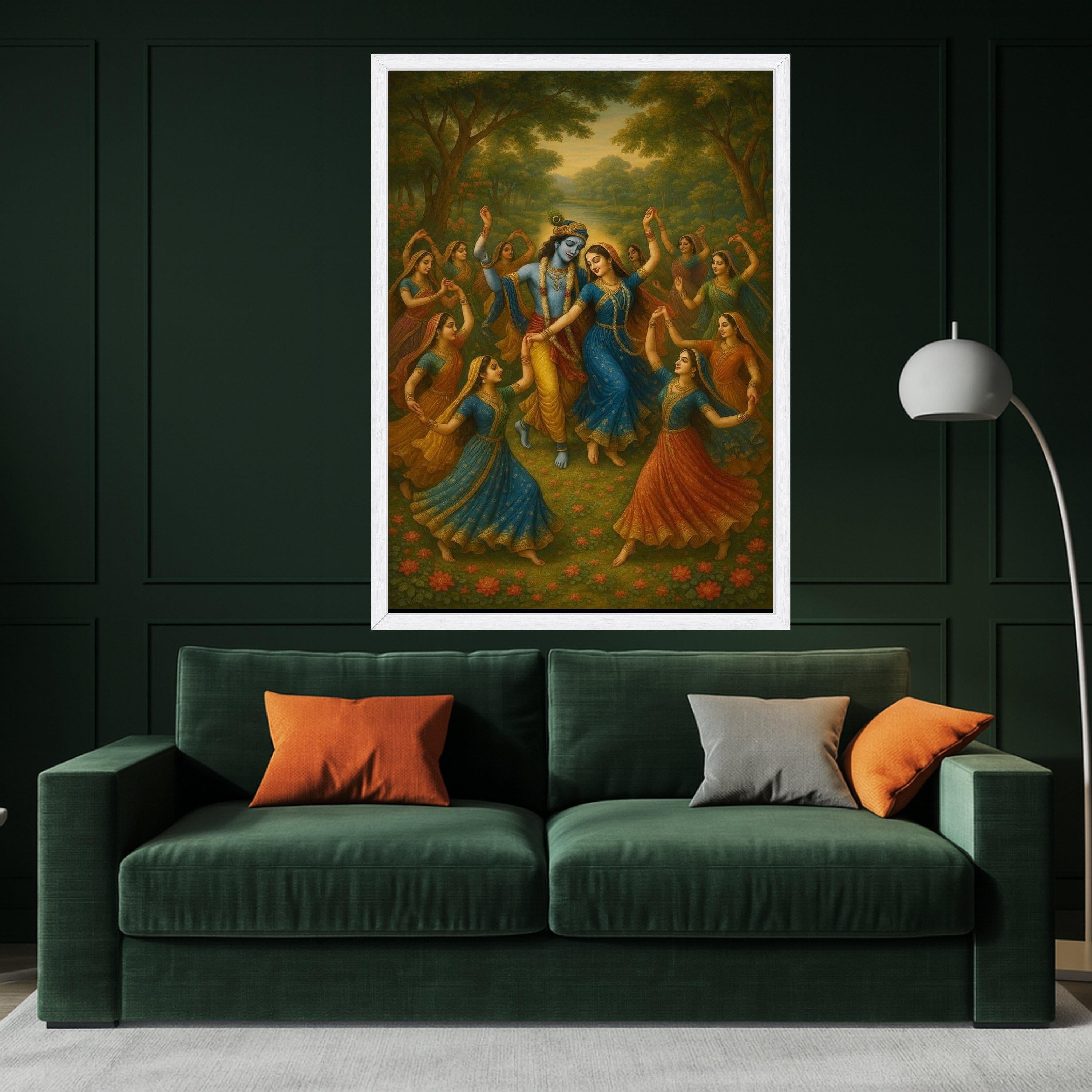 Krishna Radha and Gopis Dance Canvas Art, Traditional Indian Mythology Wall Decor, Spiritual Hindu God Painting, Vibrant Ready To Hang,