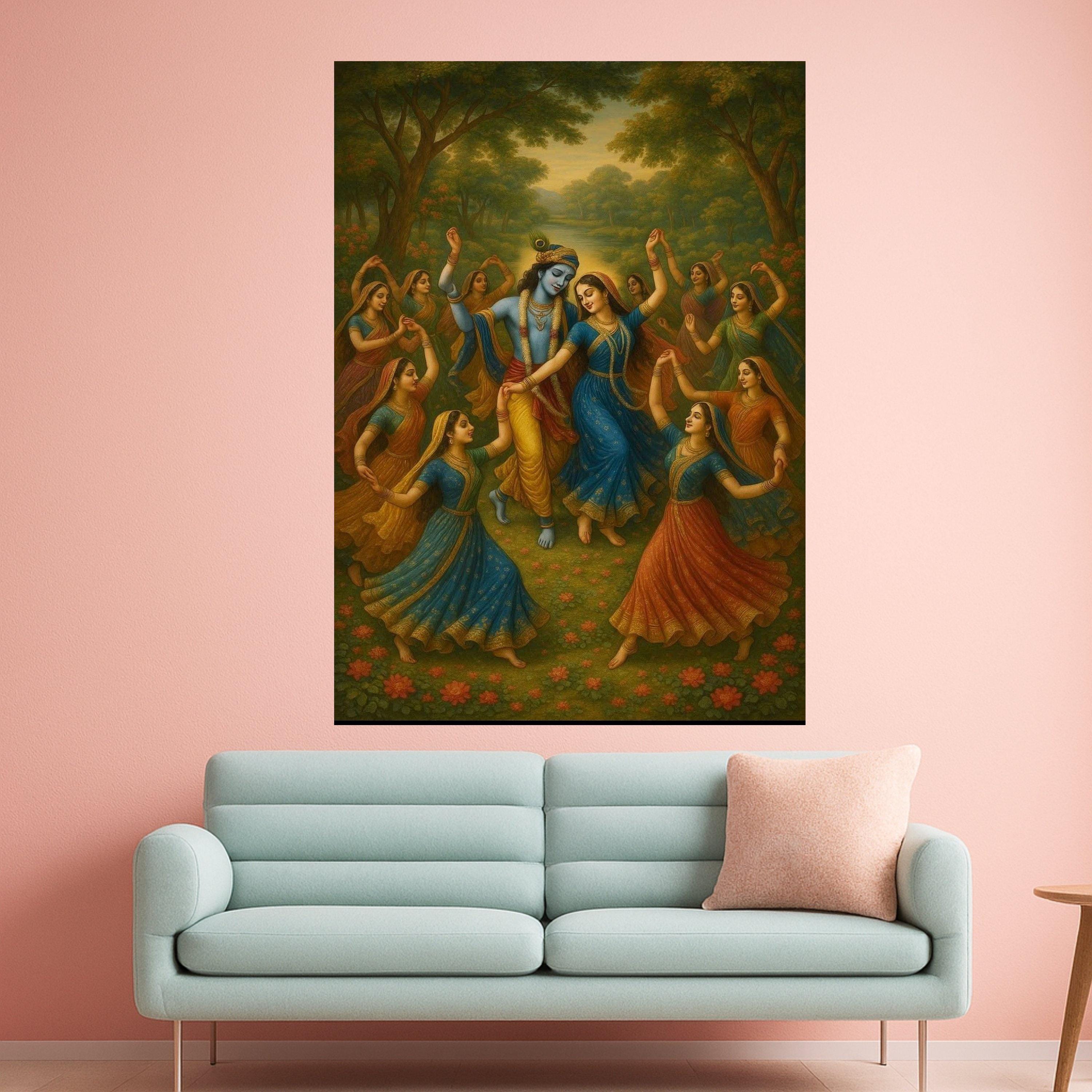Krishna Radha and Gopis Dance Canvas Art, Traditional Indian Mythology Wall Decor, Spiritual Hindu God Painting, Vibrant Ready To Hang,