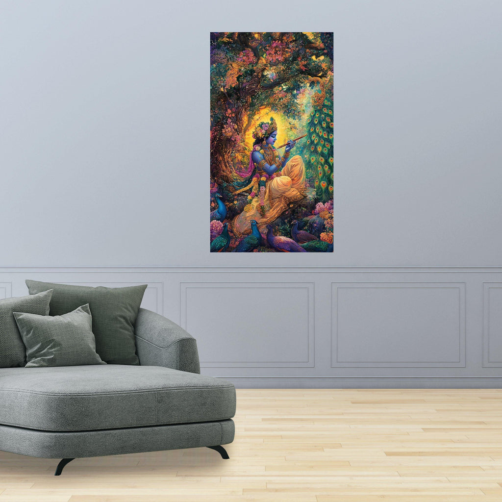 Divine Krishna Playing Flute Canvas, Indian Mythology Wall Art, Vibrant Peacock Nature Painting, Spiritual Home Decor, Sacred Ready To Hang,