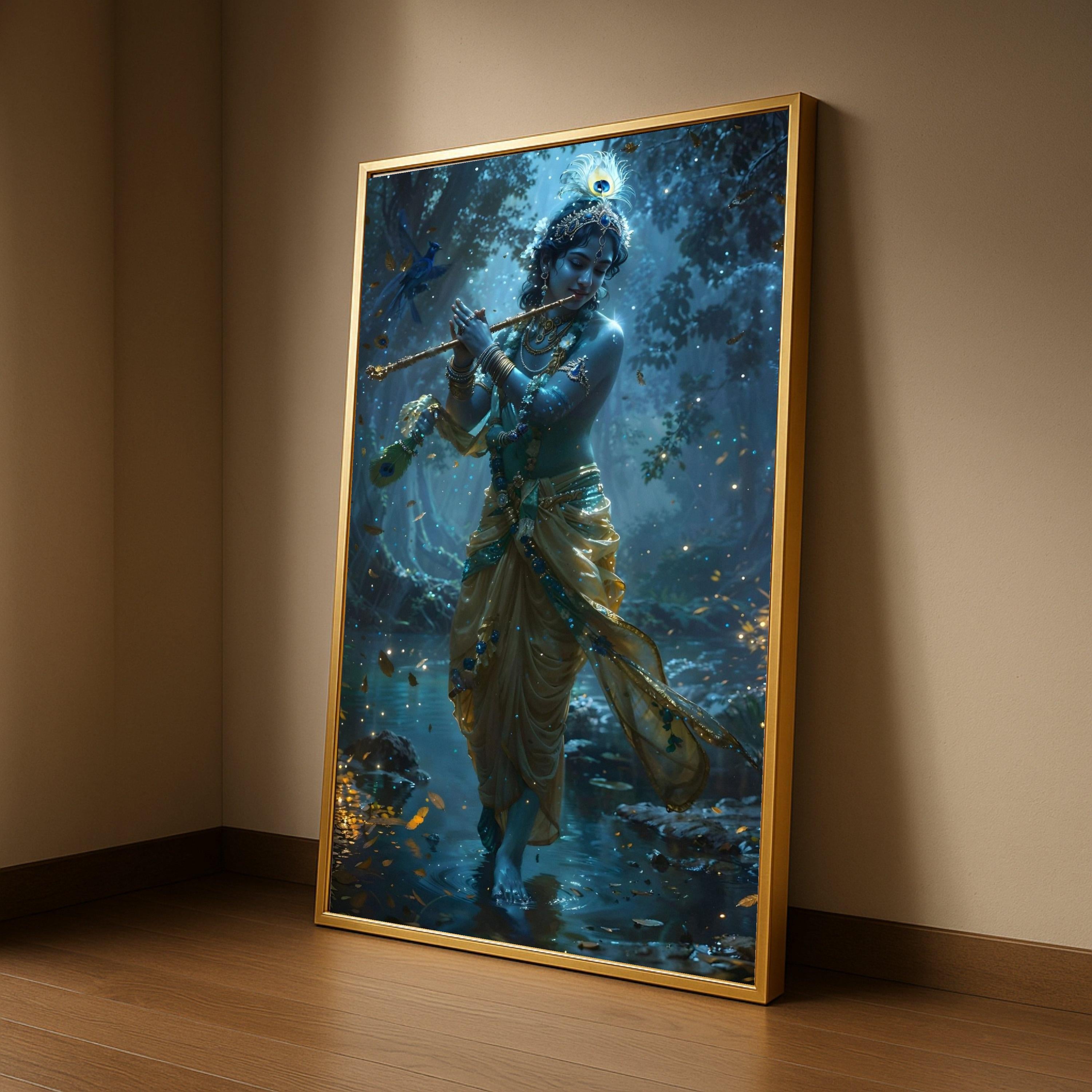 Divine Krishna Playing Flute, Mystical Forest Scene Canvas, Indian Spiritual Wall Art, Sacred Blue God Canvas, Ready to Hang Ready To Hang,