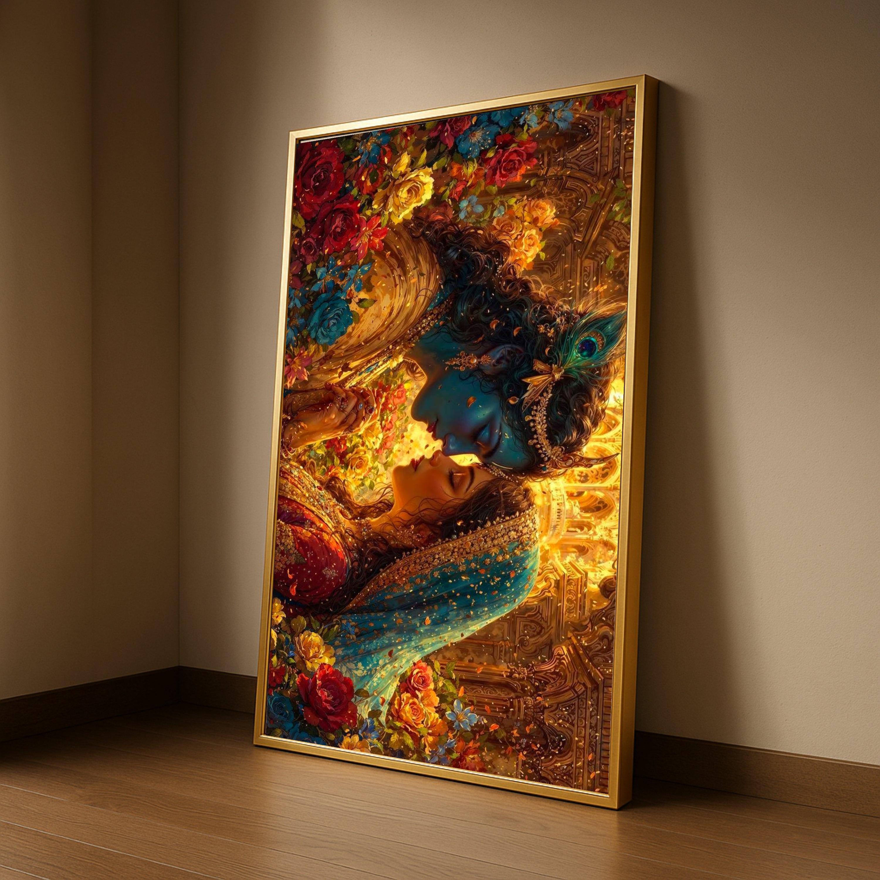 Romantic Krishna Radha Canvas, Mythological Indian Art, Floral Traditional Wall Decor, Divine Love Painting, Vibrant Home Ready To Hang,