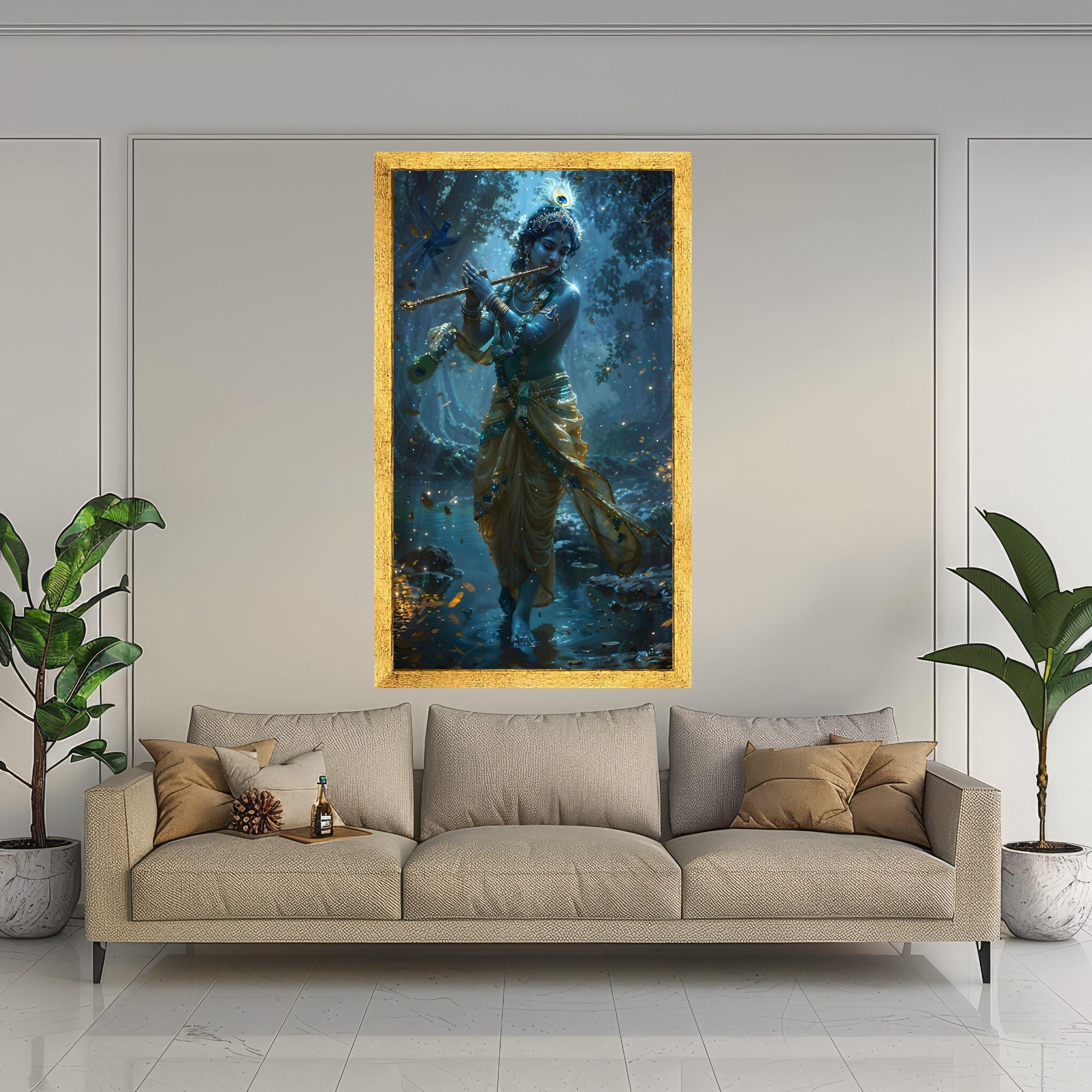 Divine Krishna Playing Flute, Mystical Forest Scene Canvas, Indian Spiritual Wall Art, Sacred Blue God Canvas, Ready to Hang Ready To Hang,