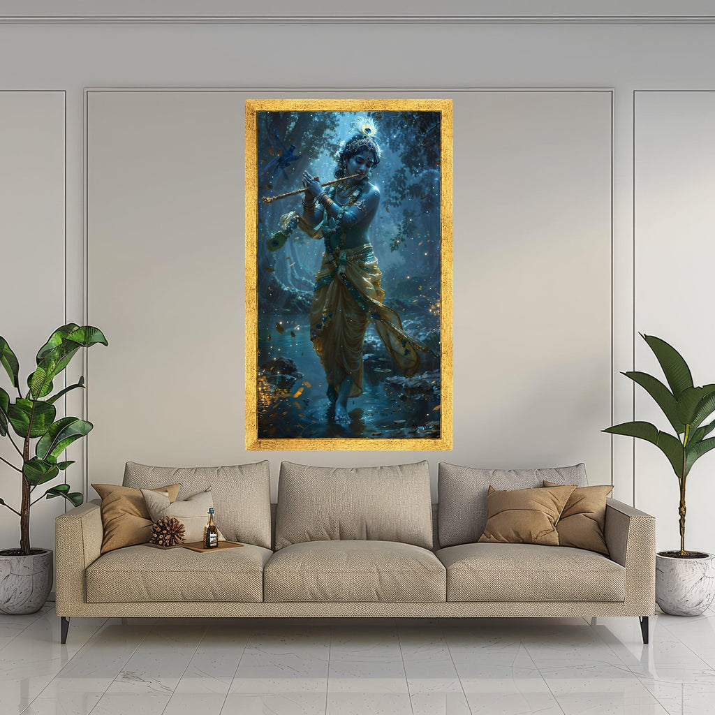 Divine Krishna Playing Flute, Mystical Forest Scene Canvas, Indian Spiritual Wall Art, Sacred Blue God Canvas, Ready to Hang Ready To Hang,