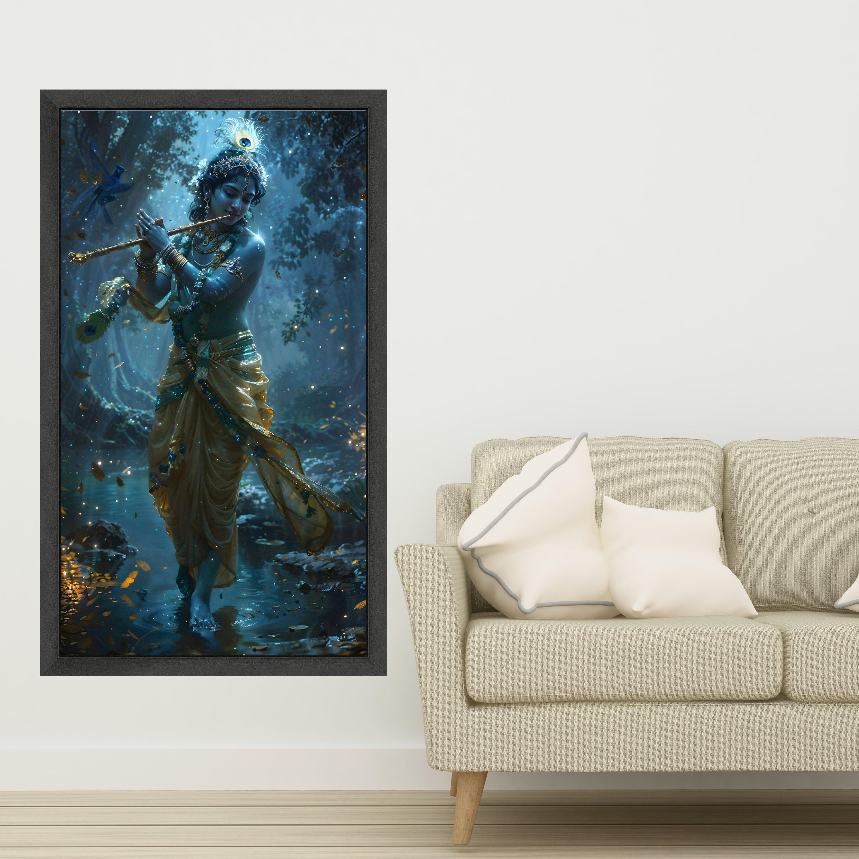Divine Krishna Playing Flute, Mystical Forest Scene Canvas, Indian Spiritual Wall Art, Sacred Blue God Canvas, Ready to Hang Ready To Hang,