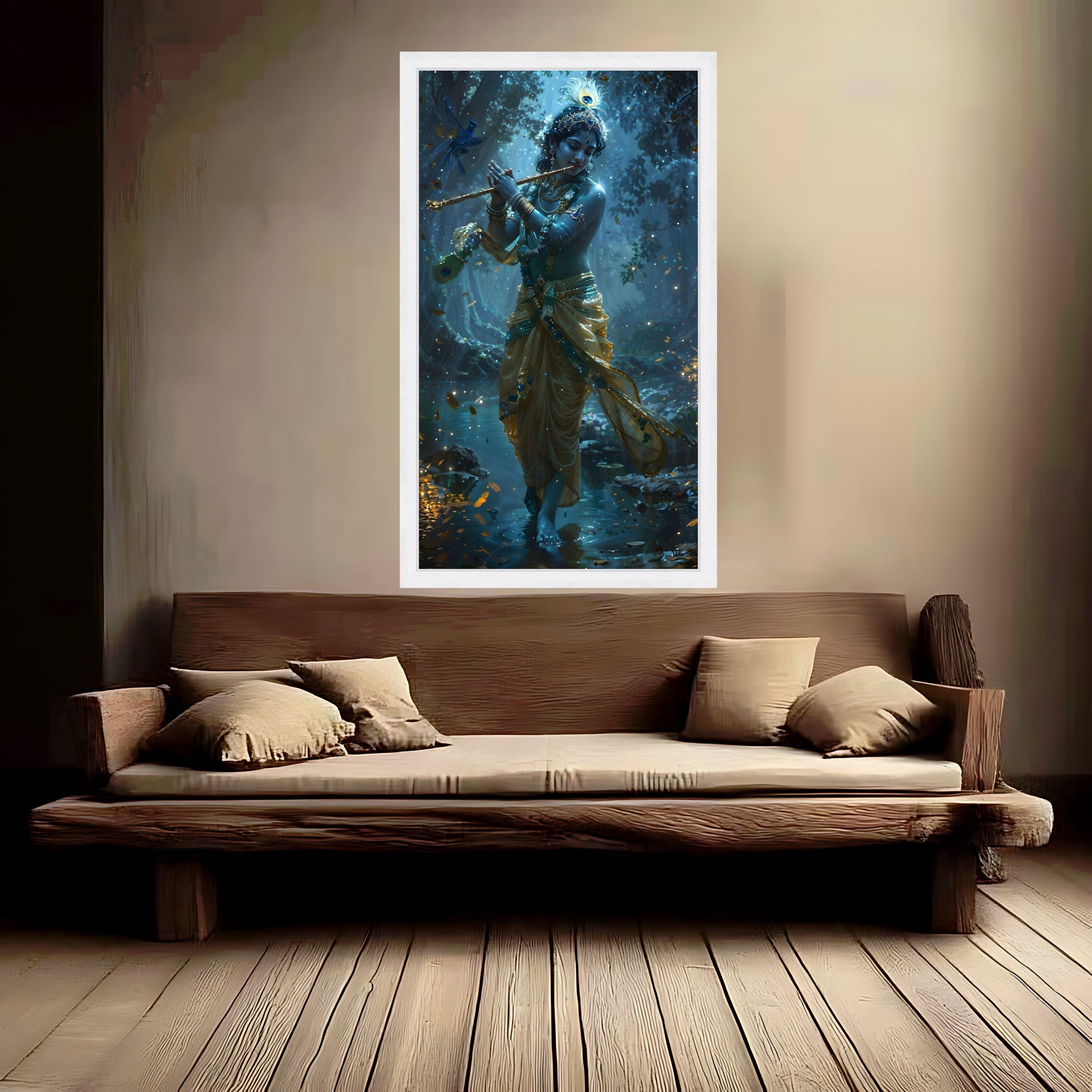 Divine Krishna Playing Flute, Mystical Forest Scene Canvas, Indian Spiritual Wall Art, Sacred Blue God Canvas, Ready to Hang Ready To Hang,